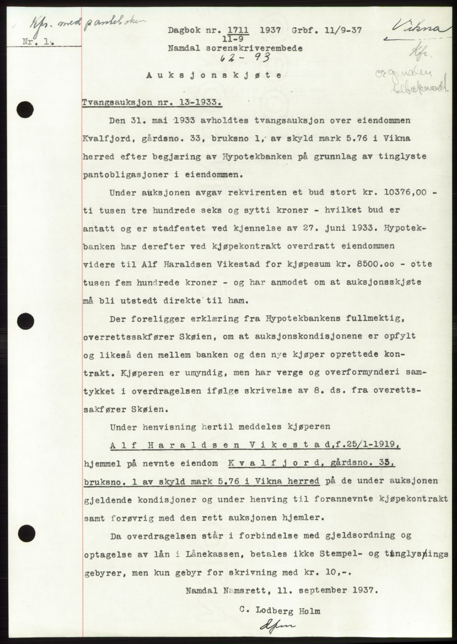 Namdal sorenskriveri, SAT/A-4133/1/2/2C: Pantebok nr. -, 1937-1939, Tingl.dato: 11.09.1937