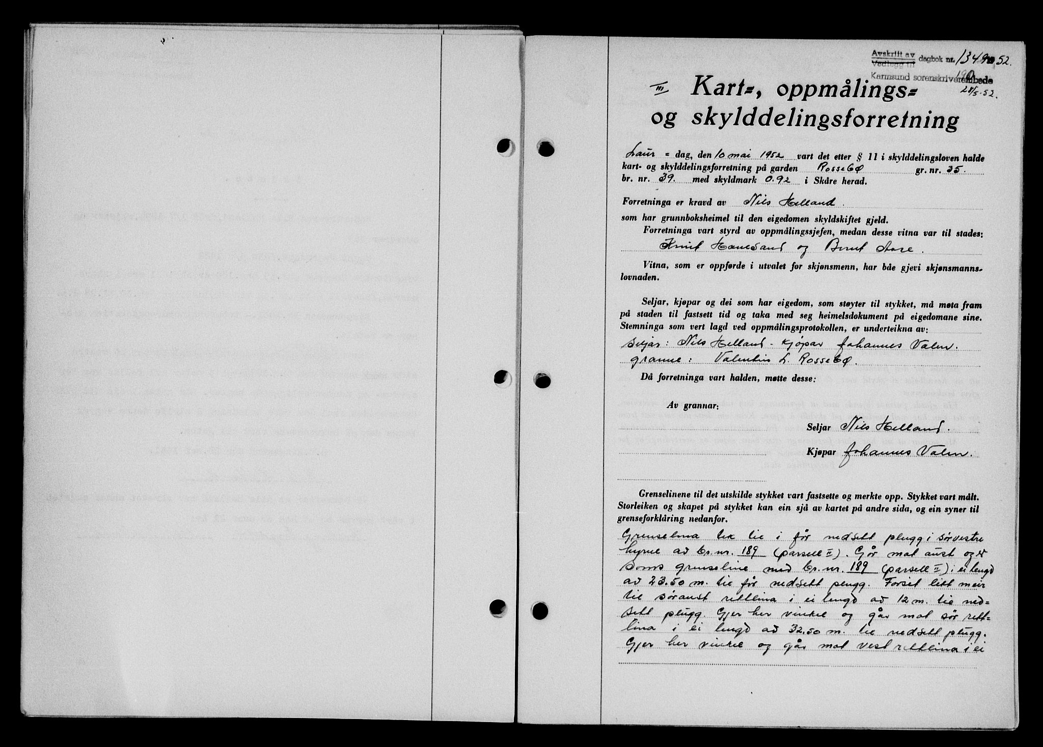 Karmsund sorenskriveri, SAST/A-100311/01/II/IIB/L0105: Pantebok nr. 85A, 1952-1952, Dagboknr: 1349/1952