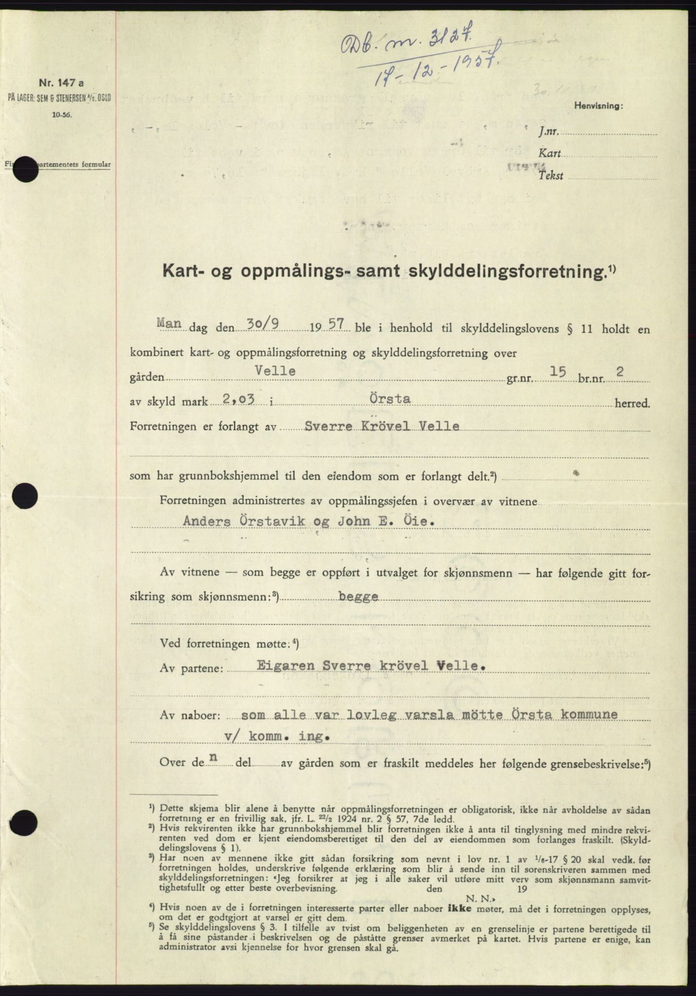 Søre Sunnmøre sorenskriveri, SAT/A-4122/1/2/2C/L0108: Pantebok nr. 34A, 1957-1958, Dagboknr: 3127/1957