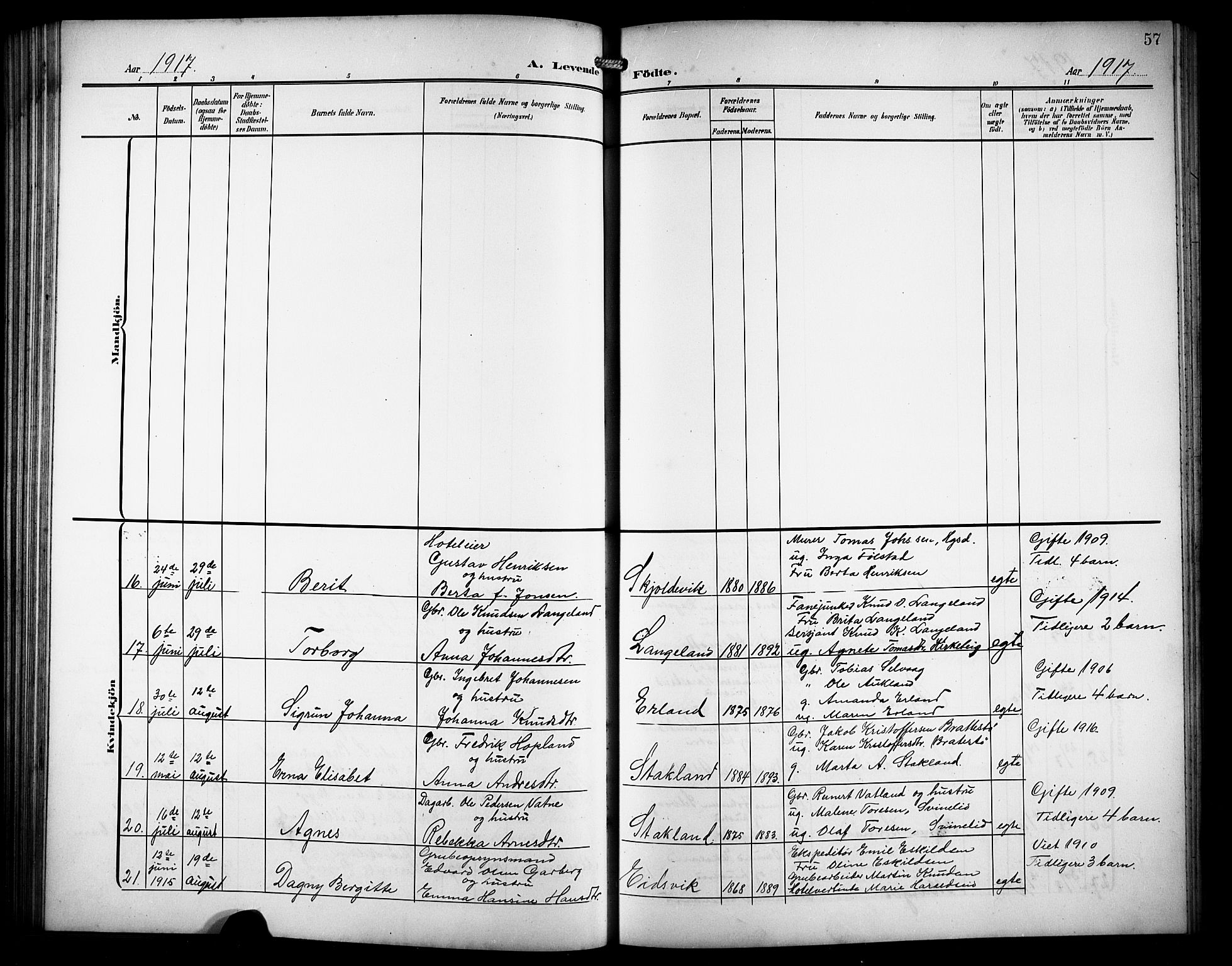 Skjold sokneprestkontor, AV/SAST-A-101847/H/Ha/Hab/L0008: Klokkerbok nr. B 8, 1906-1920, s. 57
