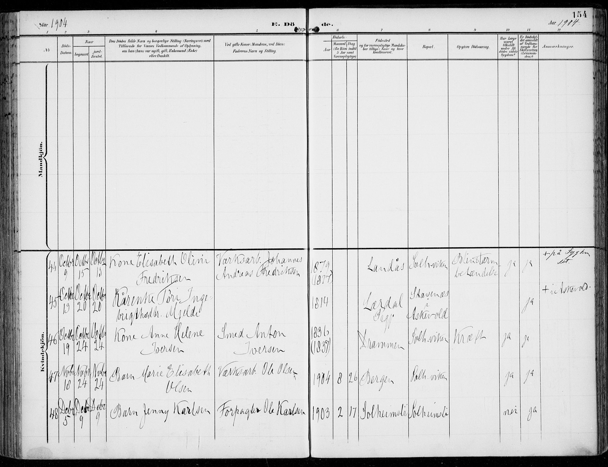 Årstad Sokneprestembete, AV/SAB-A-79301/H/Haa/L0009: Ministerialbok nr. C 1, 1902-1918, s. 154