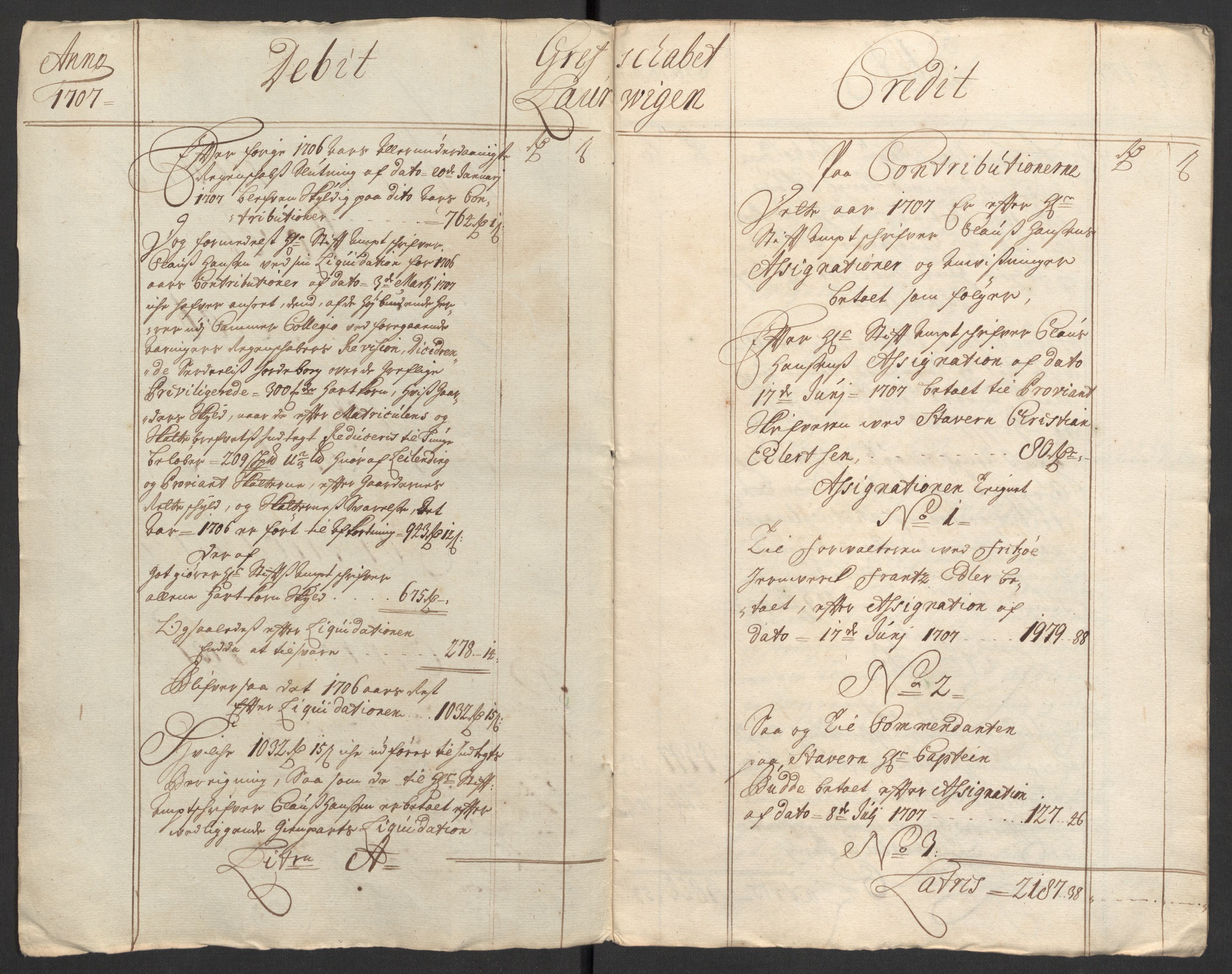 Rentekammeret inntil 1814, Reviderte regnskaper, Fogderegnskap, RA/EA-4092/R33/L1980: Fogderegnskap Larvik grevskap, 1707-1708, s. 4