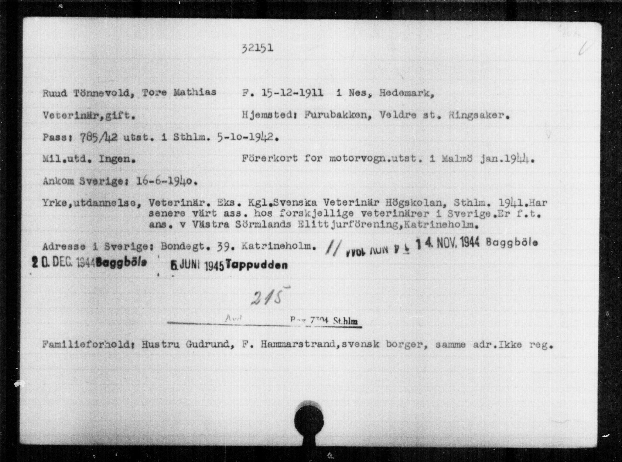 Utenriksstasjonene, Legasjonen i Stockholm, Flyktningkontoret, AV/RA-S-6753/V/Va/L0013: Kjesäterkartoteket, flyktning nr. 31500-34731, 1940-1945, s. 708