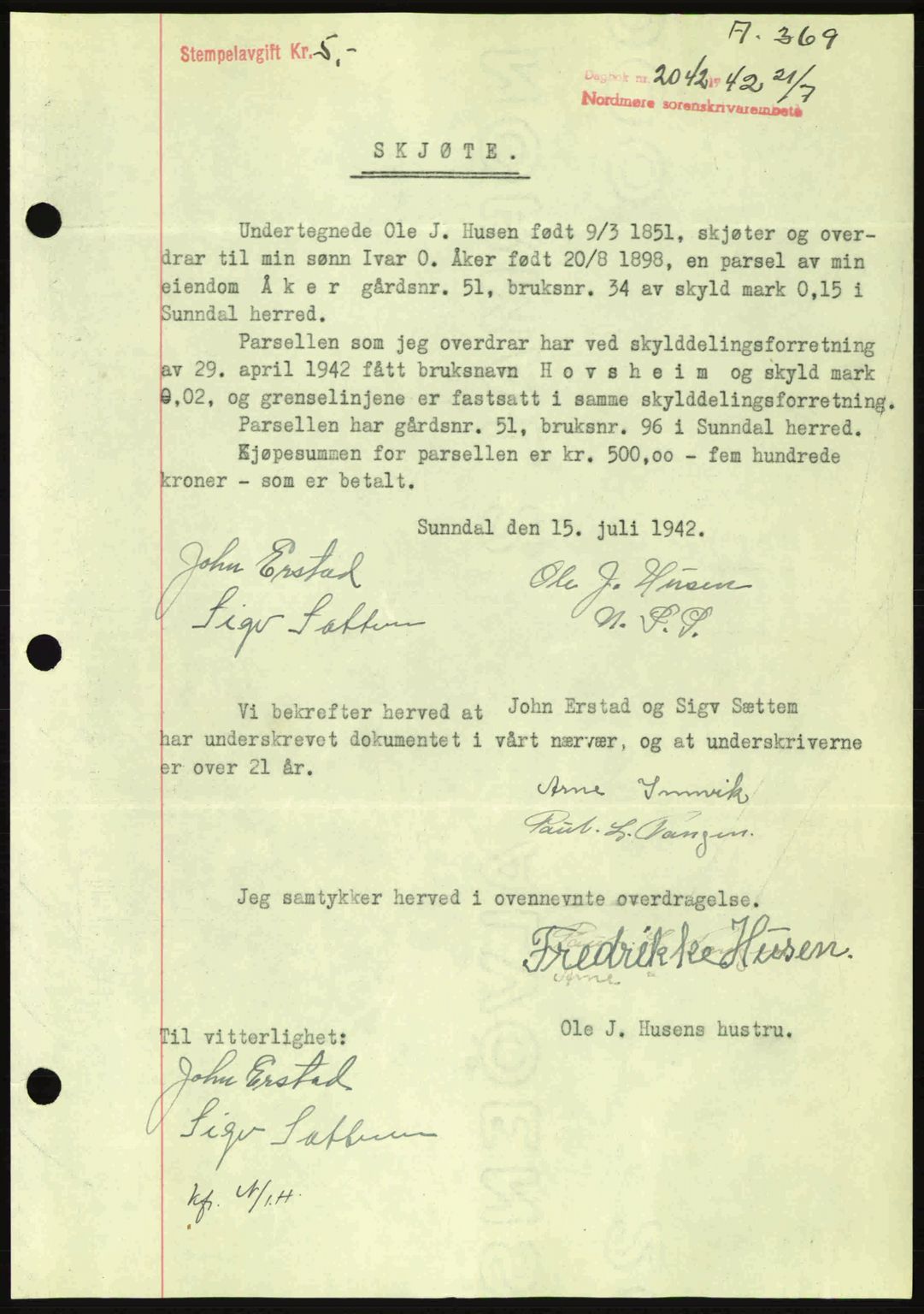 Nordmøre sorenskriveri, SAT/A-4132/1/2/2Ca: Pantebok nr. A93, 1942-1942, Dagboknr: 2042/1942