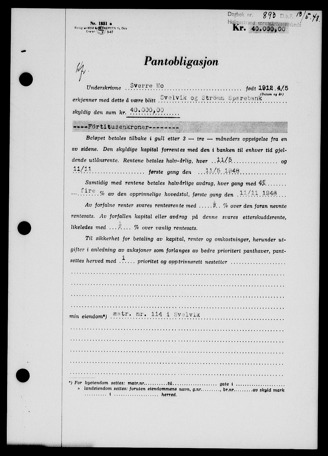 Holmestrand sorenskriveri, SAKO/A-67/G/Ga/Gab/L0058: Pantebok nr. B-58, 1947-1948, Dagboknr: 893/1948