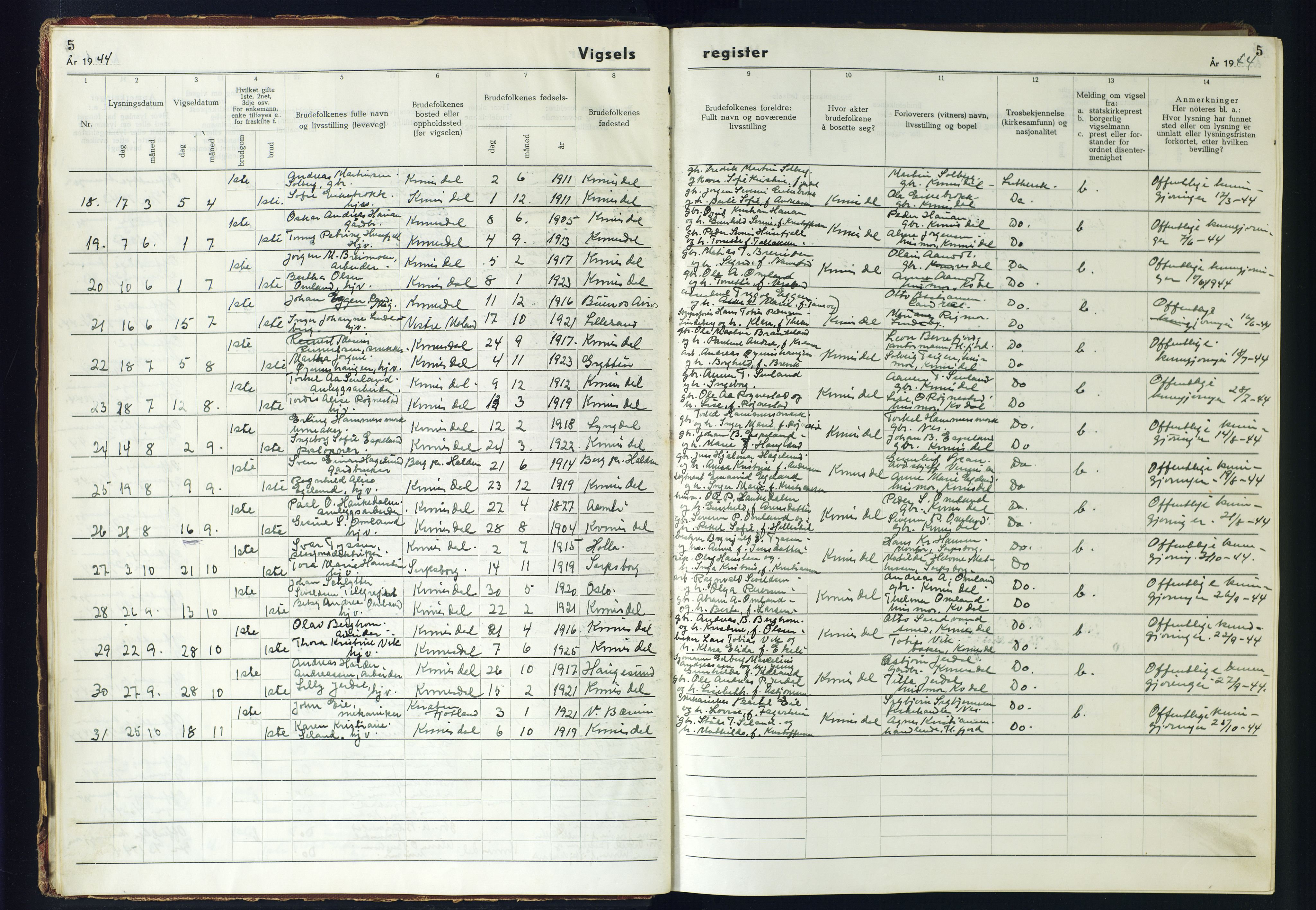 Kvinesdal sokneprestkontor, SAK/1111-0026/J/Jb/L0005: Vigselsregister nr. II.6.5, 1942-1944, s. 5