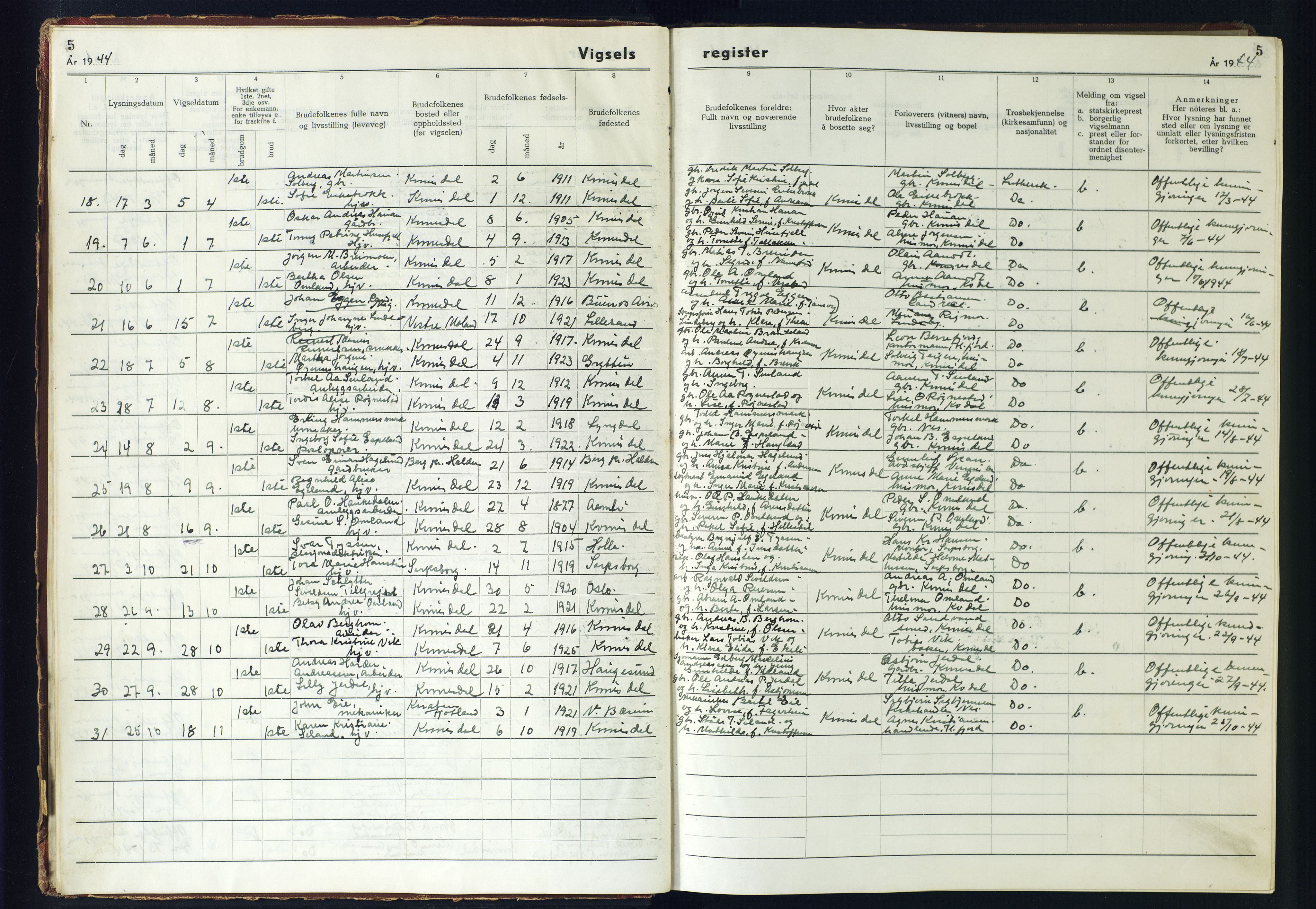 Kvinesdal sokneprestkontor, AV/SAK-1111-0026/J/Jb/L0005: Vigselsregister nr. II.6.5, 1942-1944, s. 5