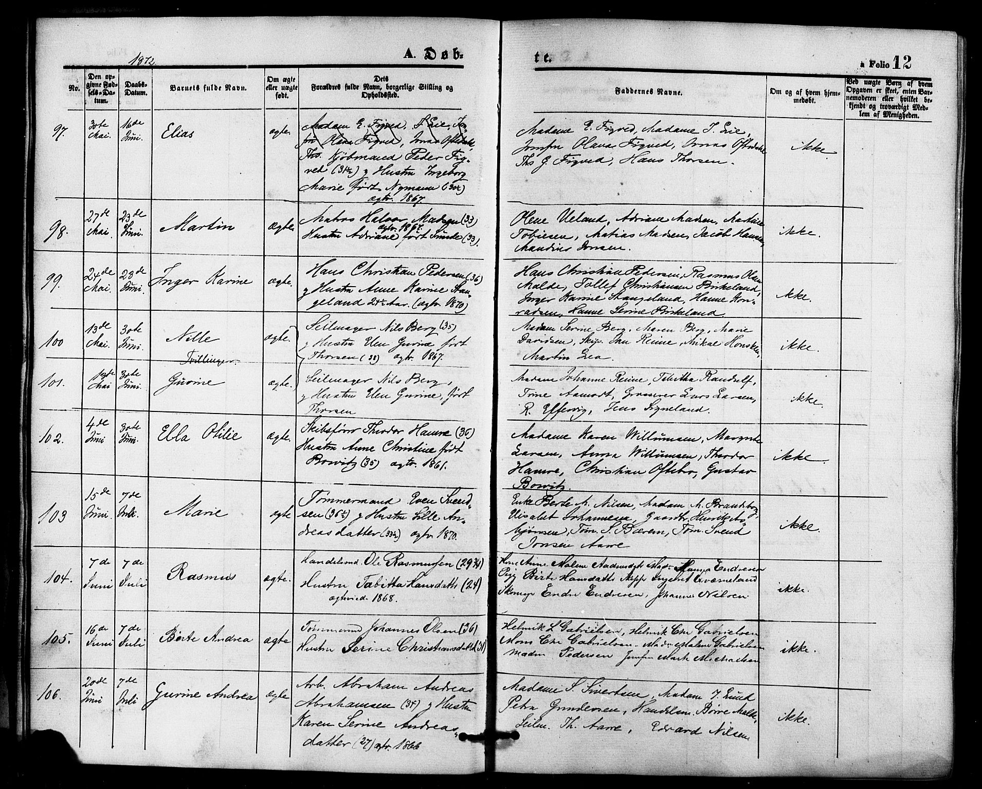 Domkirken sokneprestkontor, AV/SAST-A-101812/001/30/30BB/L0013: Klokkerbok nr. B 13, 1871-1880, s. 12