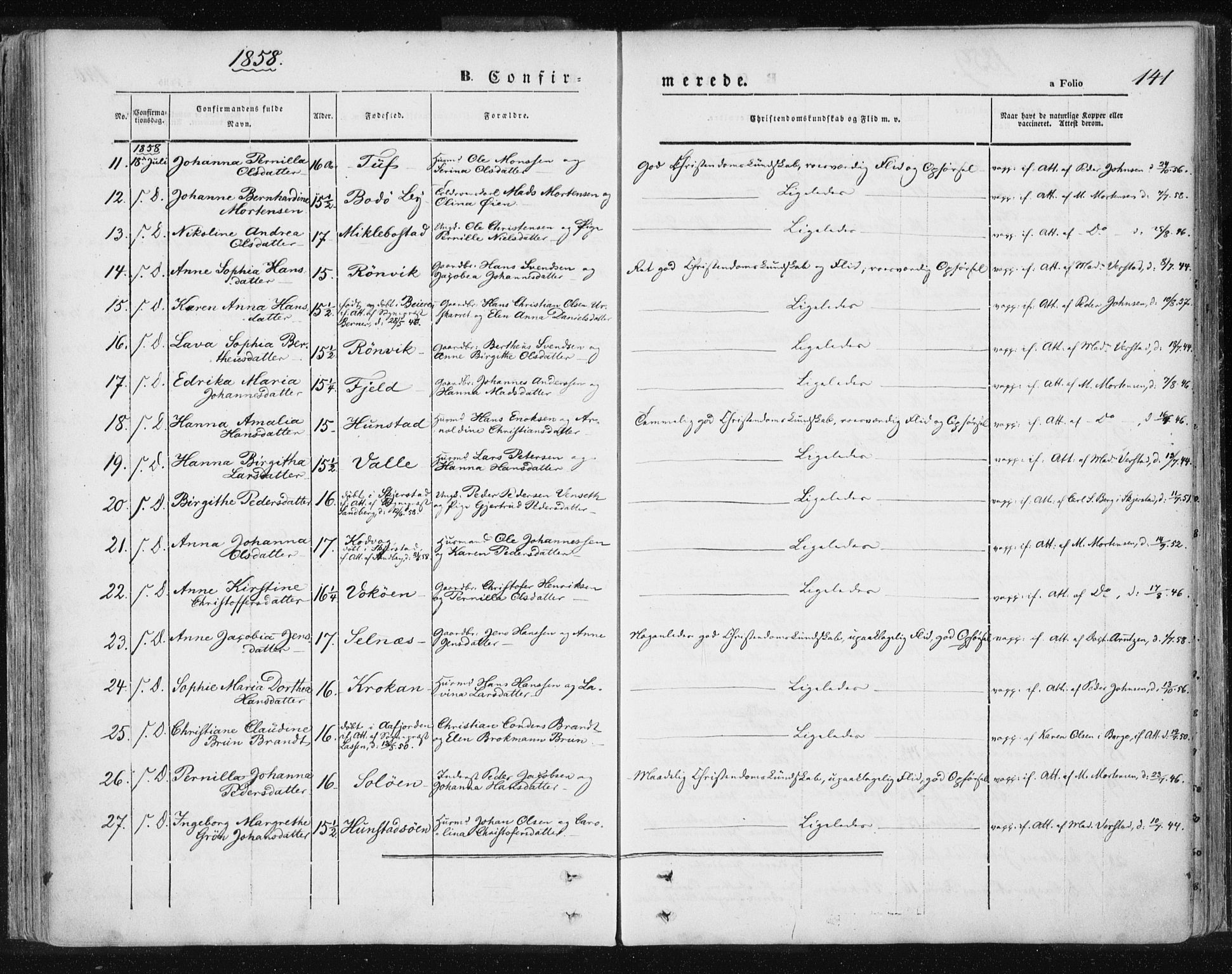 Ministerialprotokoller, klokkerbøker og fødselsregistre - Nordland, AV/SAT-A-1459/801/L0007: Ministerialbok nr. 801A07, 1845-1863, s. 141