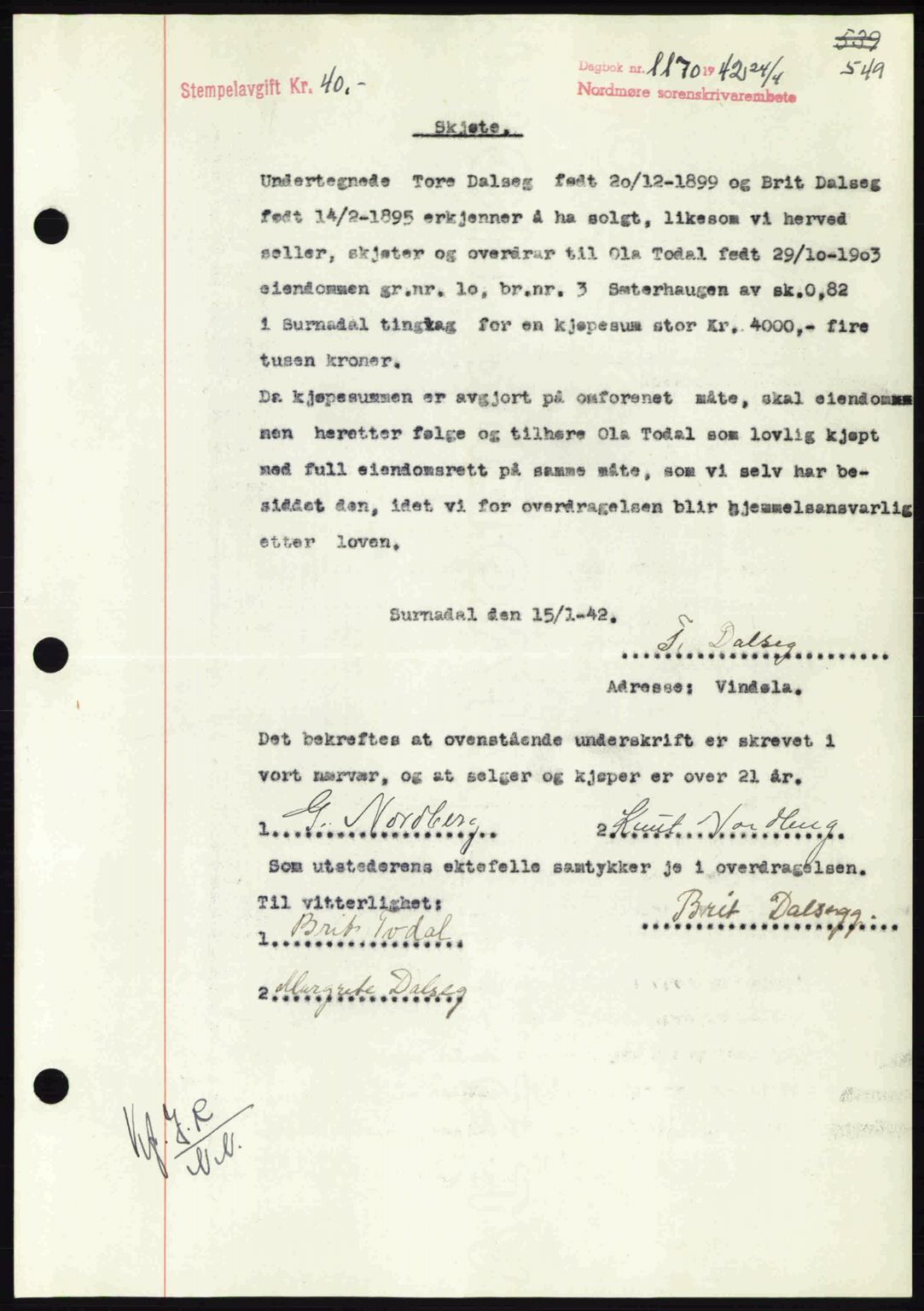 Nordmøre sorenskriveri, AV/SAT-A-4132/1/2/2Ca: Pantebok nr. A92, 1942-1942, Dagboknr: 1170/1942