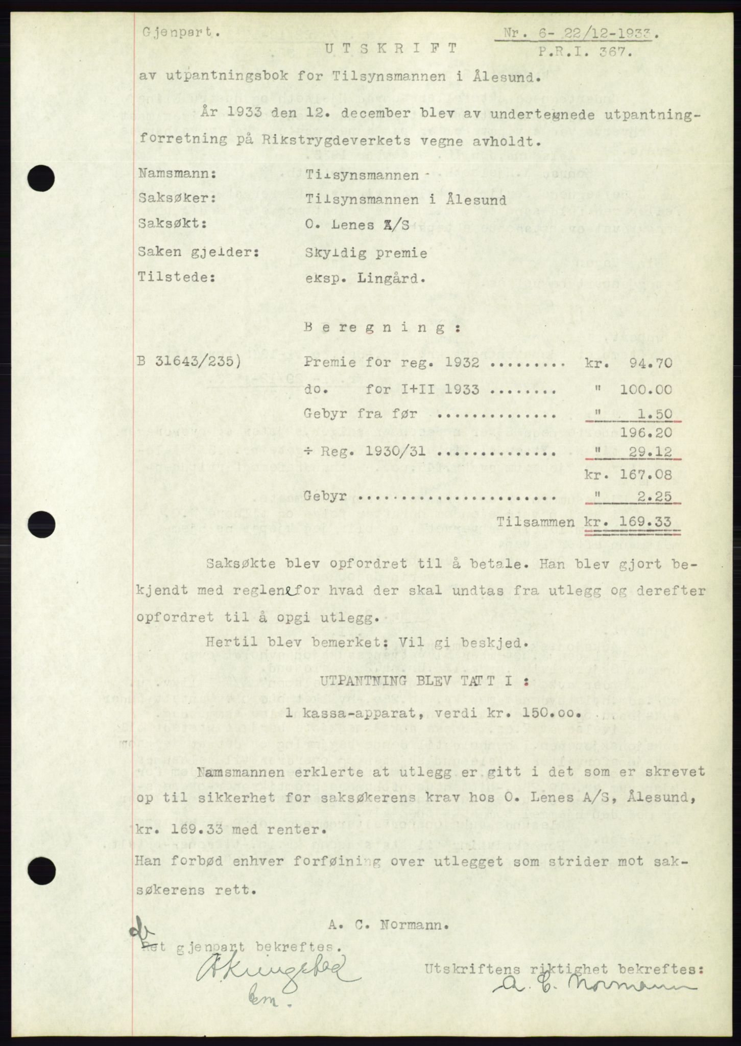 Ålesund byfogd, AV/SAT-A-4384: Pantebok nr. 31, 1933-1934, Tingl.dato: 22.12.1933