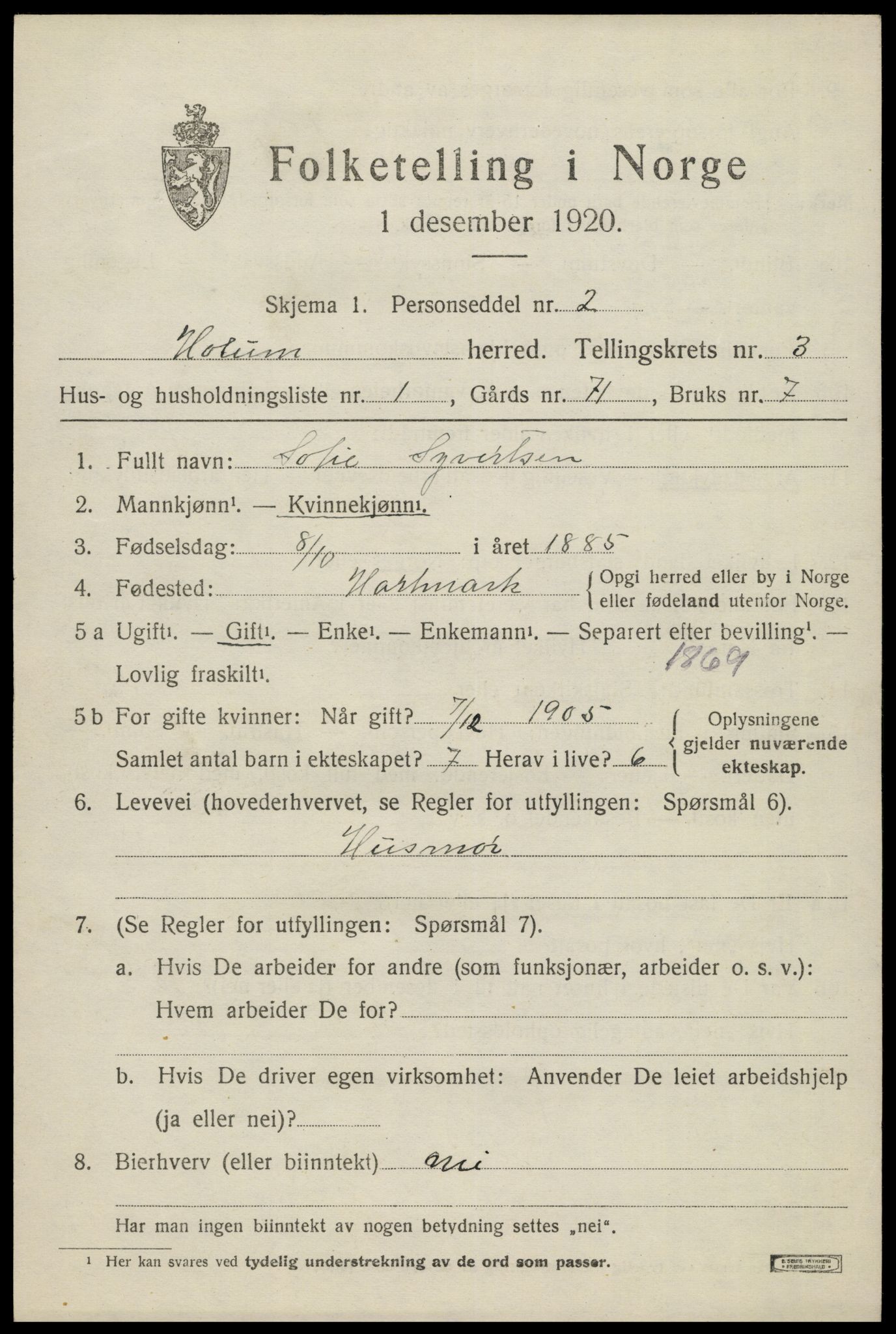 SAK, Folketelling 1920 for 1020 Holum herred, 1920, s. 1615