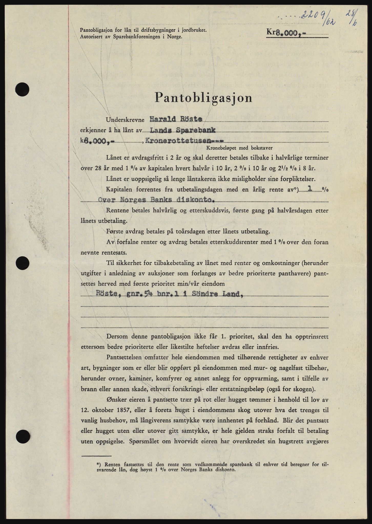 Hadeland og Land tingrett, SAH/TING-010/H/Hb/Hbc/L0048: Pantebok nr. B48, 1962-1962, Dagboknr: 2209/1962