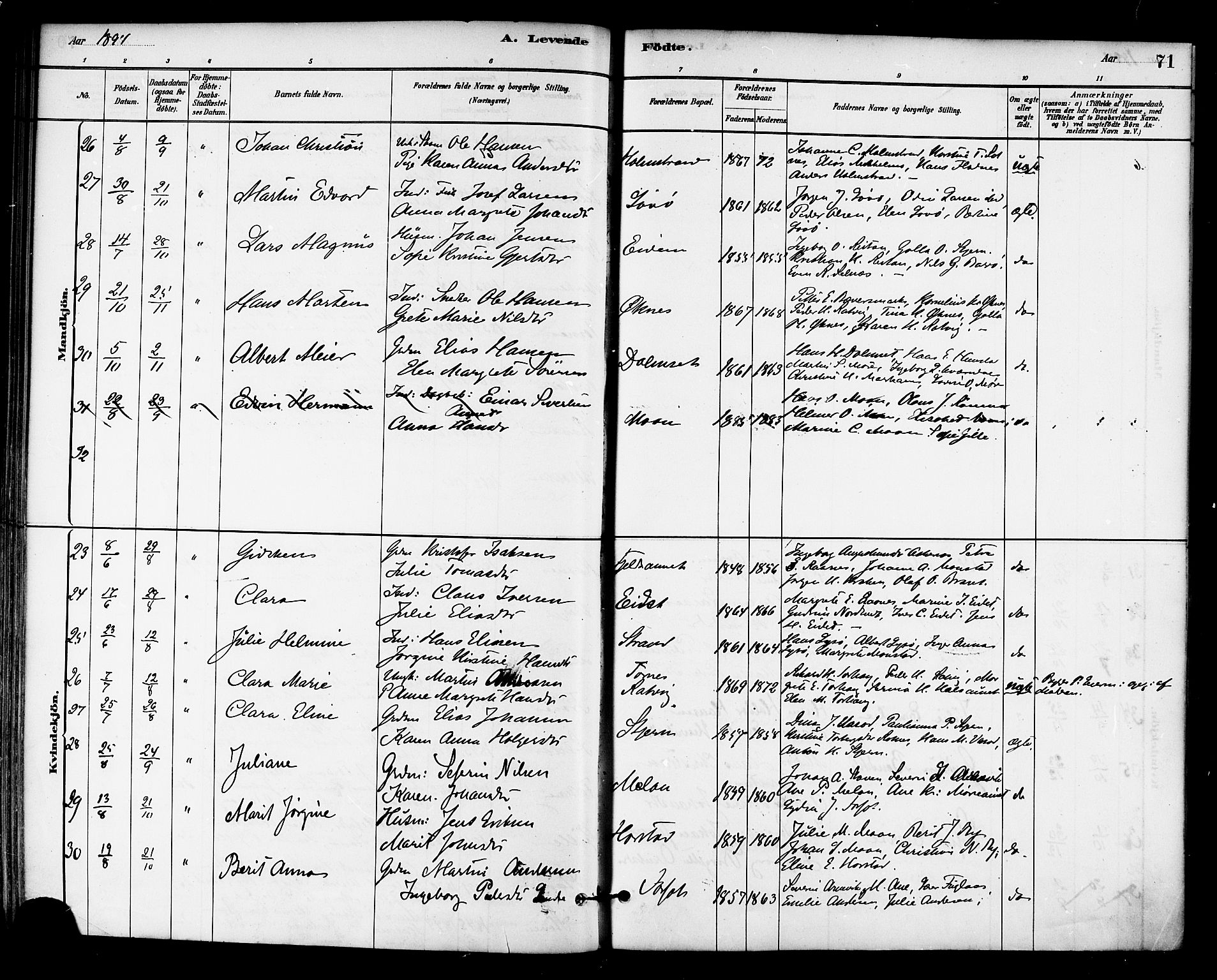 Ministerialprotokoller, klokkerbøker og fødselsregistre - Sør-Trøndelag, SAT/A-1456/655/L0680: Ministerialbok nr. 655A09, 1880-1894, s. 71