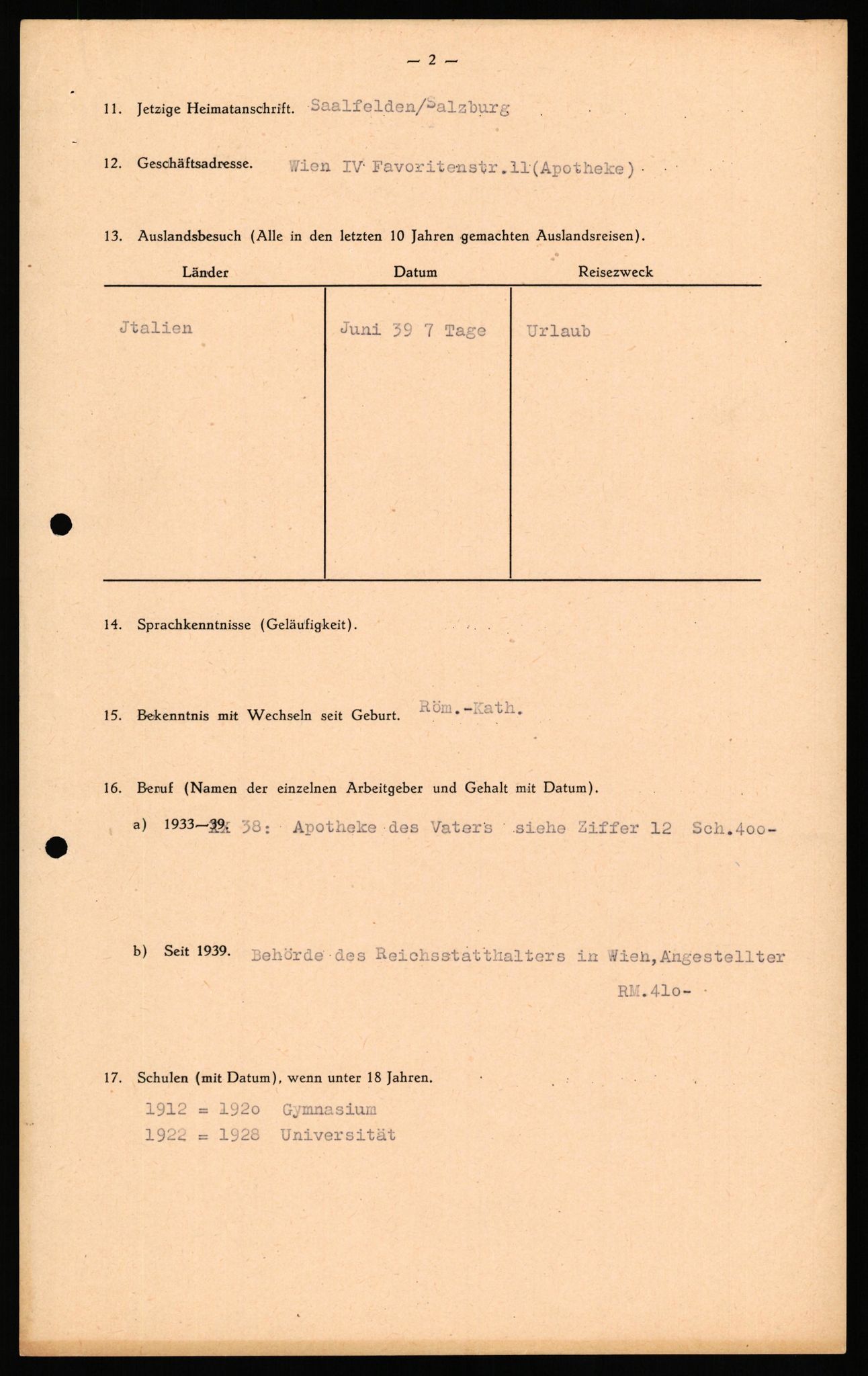 Forsvaret, Forsvarets overkommando II, RA/RAFA-3915/D/Db/L0040: CI Questionaires. Tyske okkupasjonsstyrker i Norge. Østerrikere., 1945-1946, s. 296