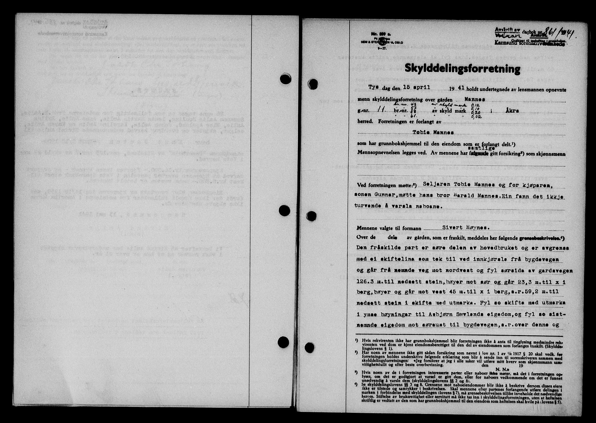 Karmsund sorenskriveri, SAST/A-100311/01/II/IIB/L0075: Pantebok nr. 56A, 1941-1941, Dagboknr: 861/1941