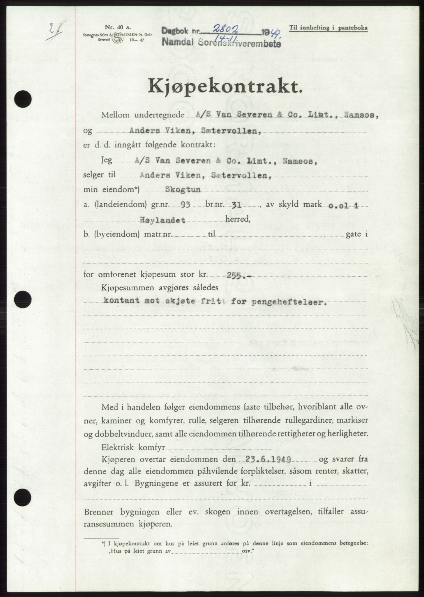 Namdal sorenskriveri, SAT/A-4133/1/2/2C: Pantebok nr. -, 1949-1949, Dagboknr: 2802/1949
