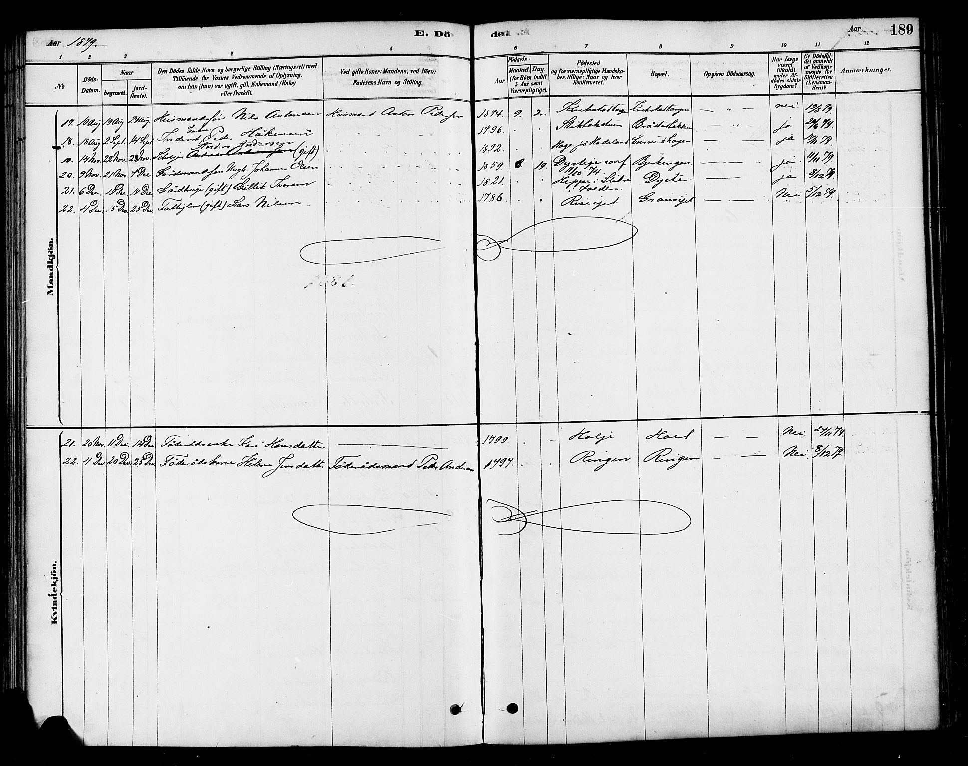 Vestre Toten prestekontor, SAH/PREST-108/H/Ha/Haa/L0010: Ministerialbok nr. 10, 1878-1894, s. 189