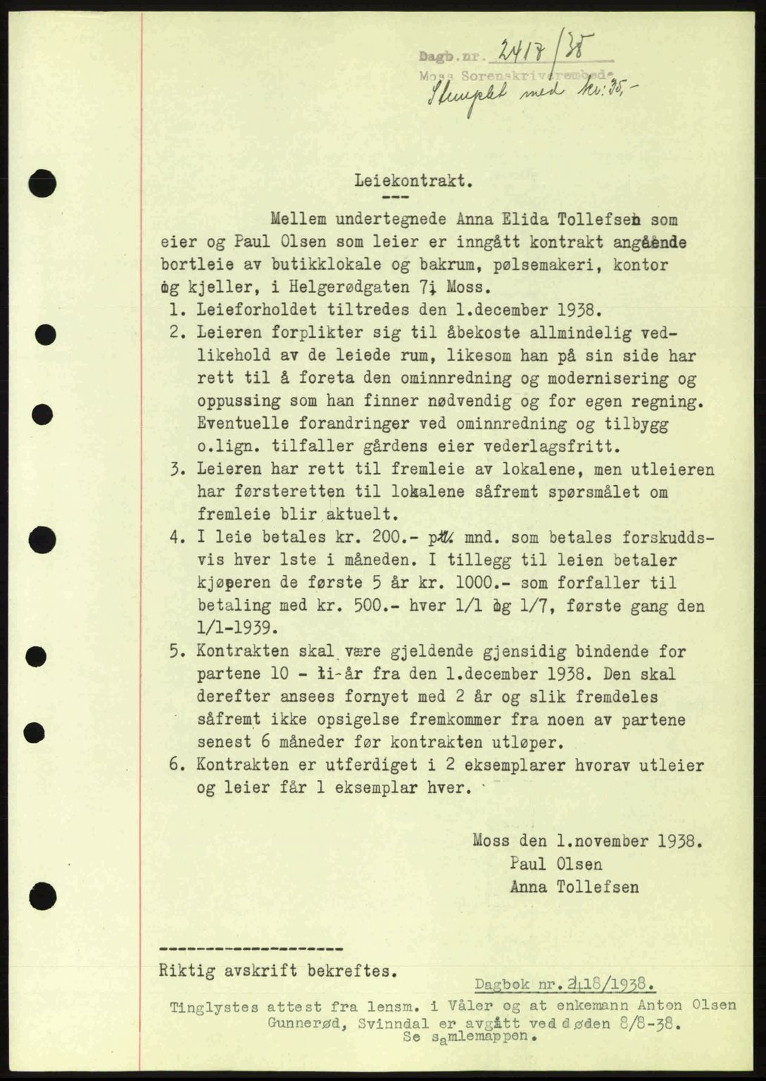 Moss sorenskriveri, SAO/A-10168: Pantebok nr. B6, 1938-1938, Dagboknr: 2417/1938