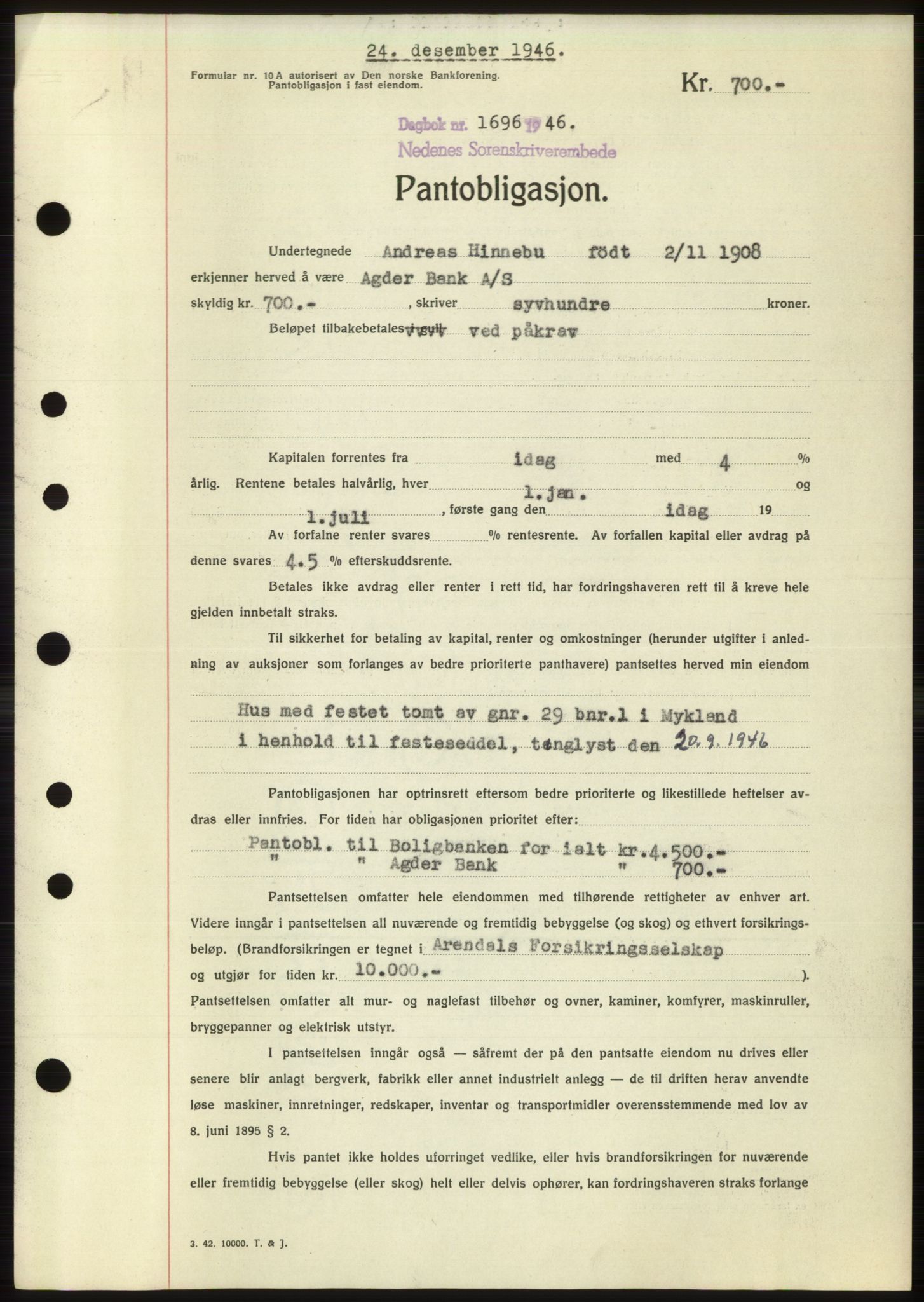 Nedenes sorenskriveri, AV/SAK-1221-0006/G/Gb/Gbb/L0003: Pantebok nr. B3b, 1946-1946, Dagboknr: 1696/1946