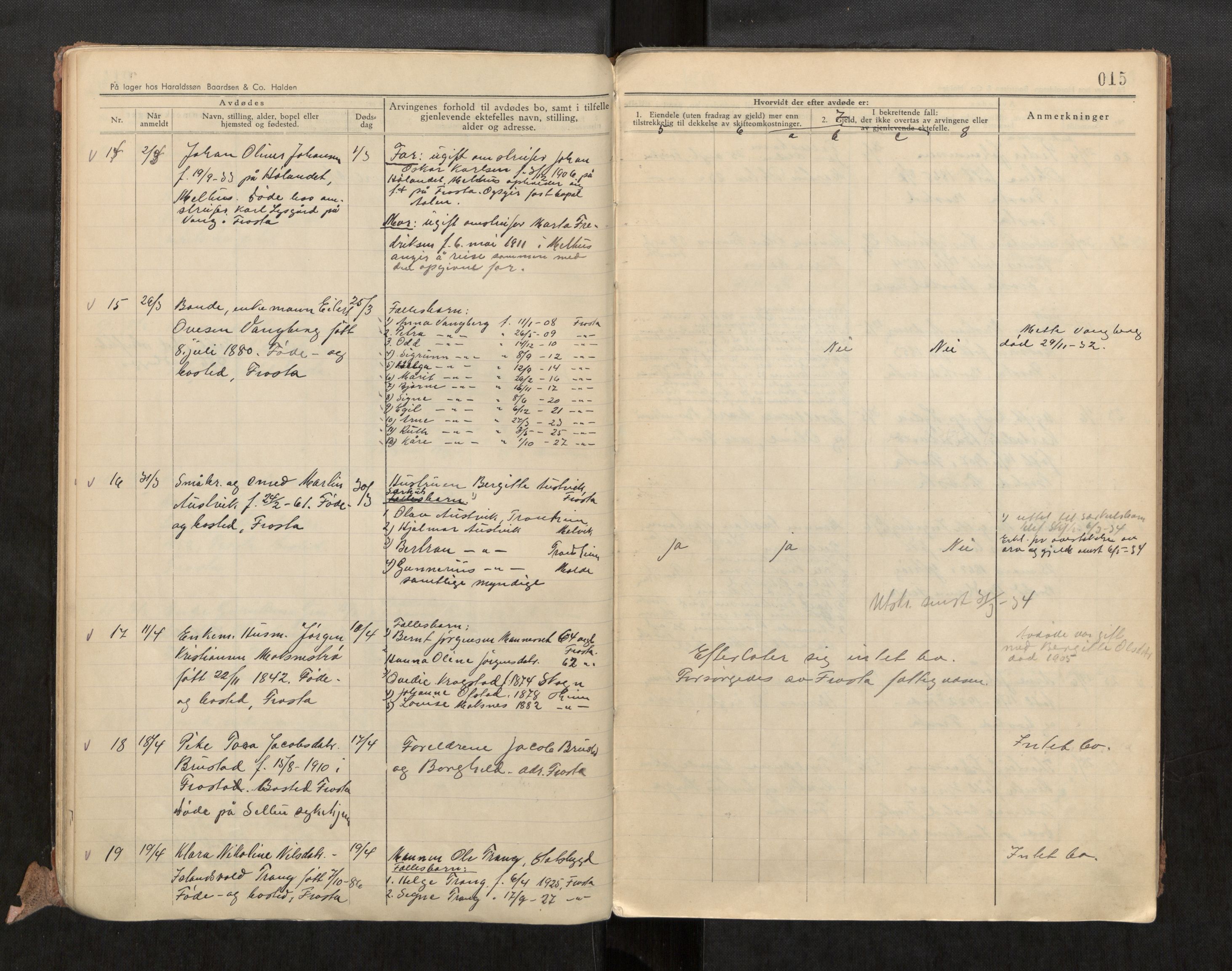Frosta lensmannskontor, AV/SAT-A-1023/3/Ga/L0002: Dødsfallsprotokoll, 1932-1947, s. 15