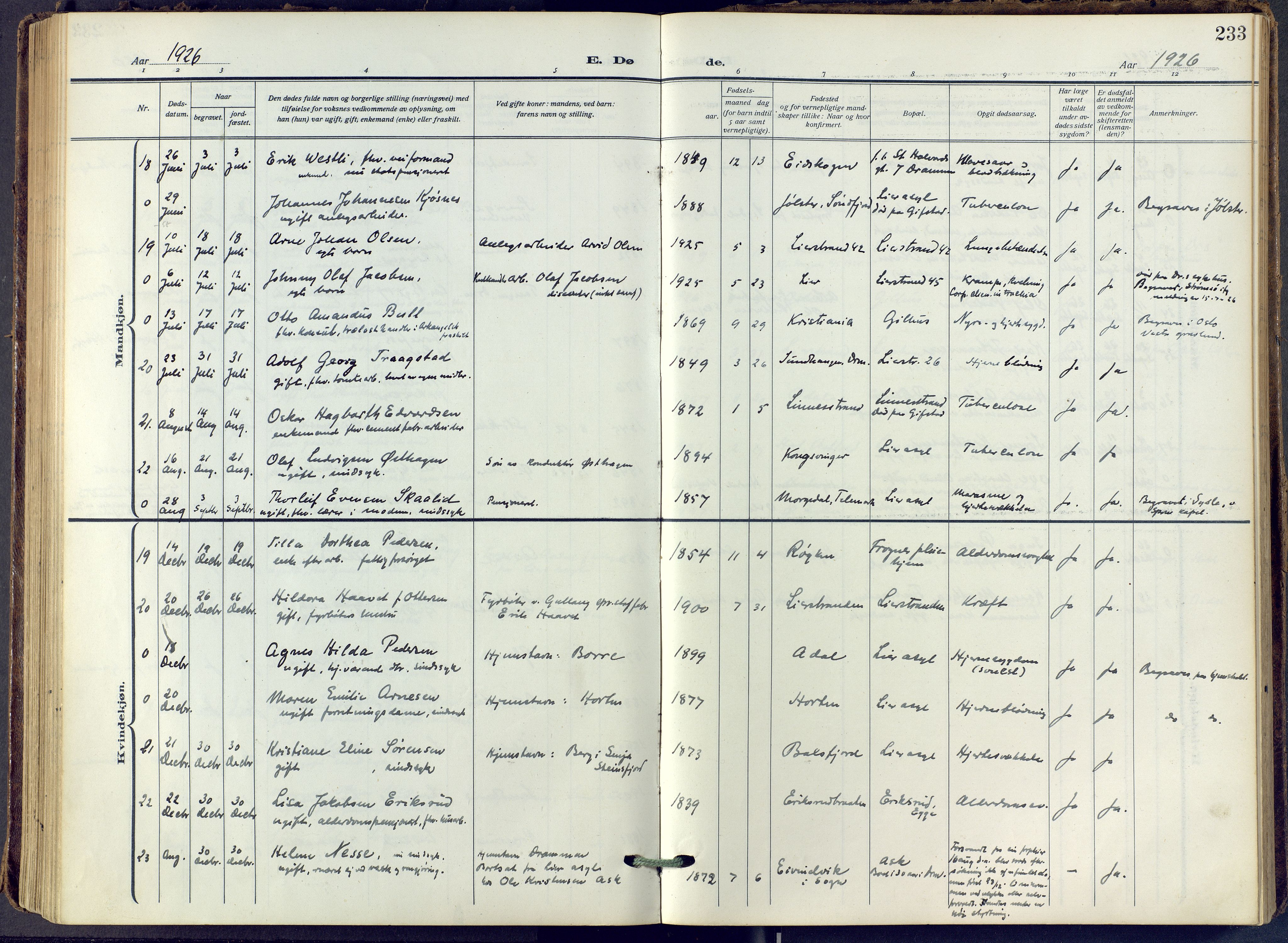 Lier kirkebøker, SAKO/A-230/F/Fa/L0019: Ministerialbok nr. I 19, 1918-1928, s. 233