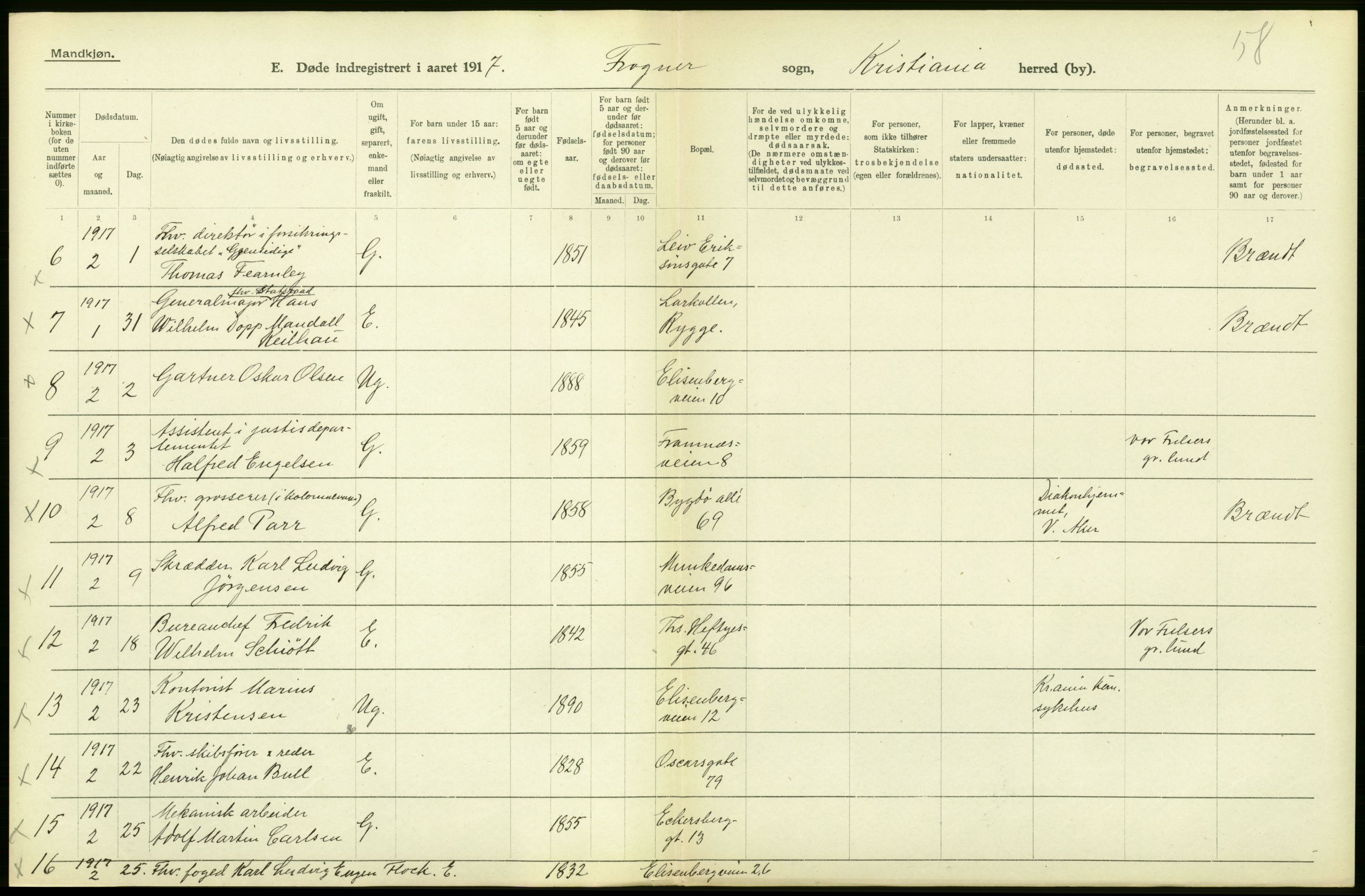 Statistisk sentralbyrå, Sosiodemografiske emner, Befolkning, AV/RA-S-2228/D/Df/Dfb/Dfbg/L0010: Kristiania: Døde, 1917, s. 464