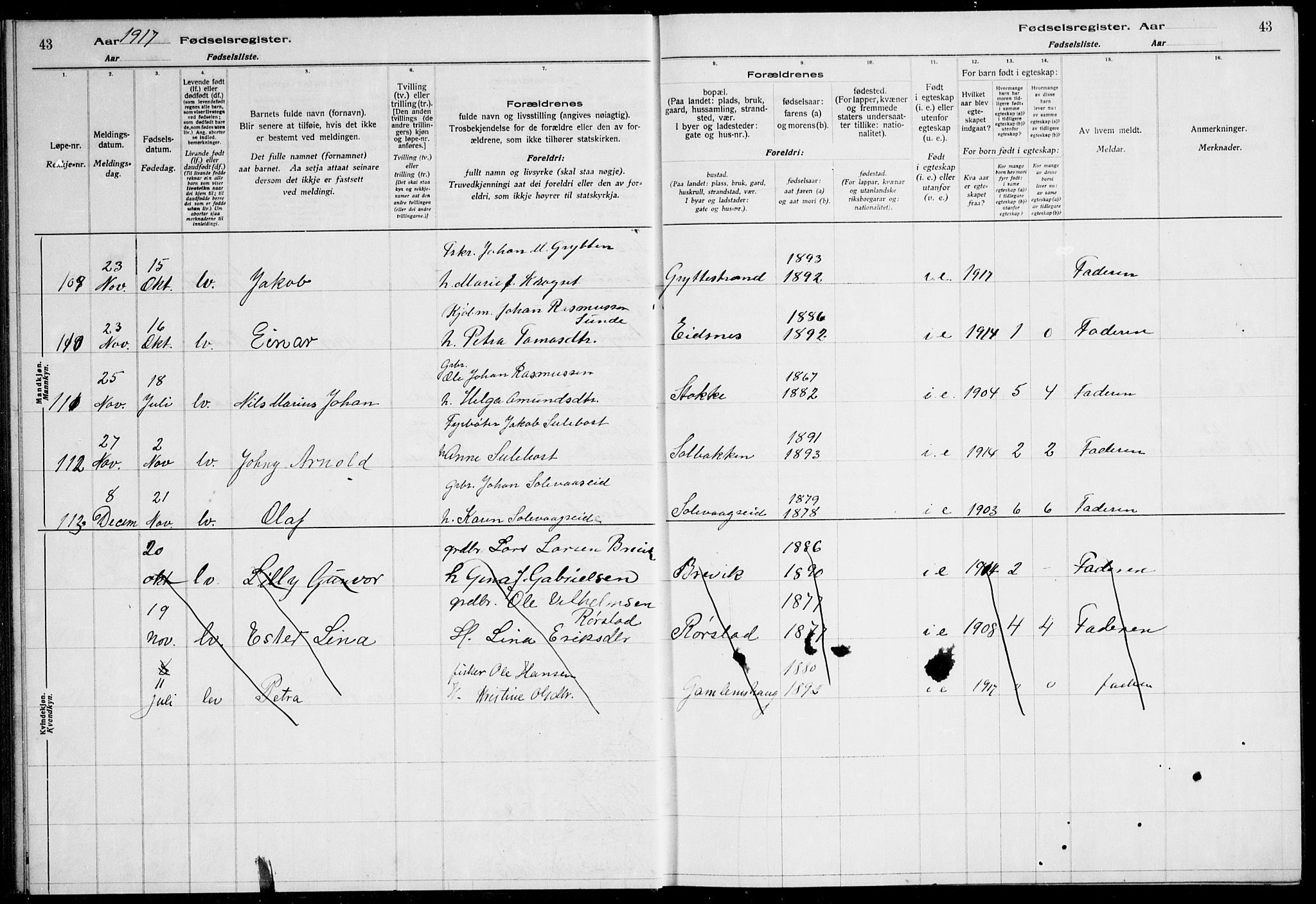 Ministerialprotokoller, klokkerbøker og fødselsregistre - Møre og Romsdal, AV/SAT-A-1454/528/L0442: Fødselsregister nr. 528.II.4.1, 1916-1924, s. 43
