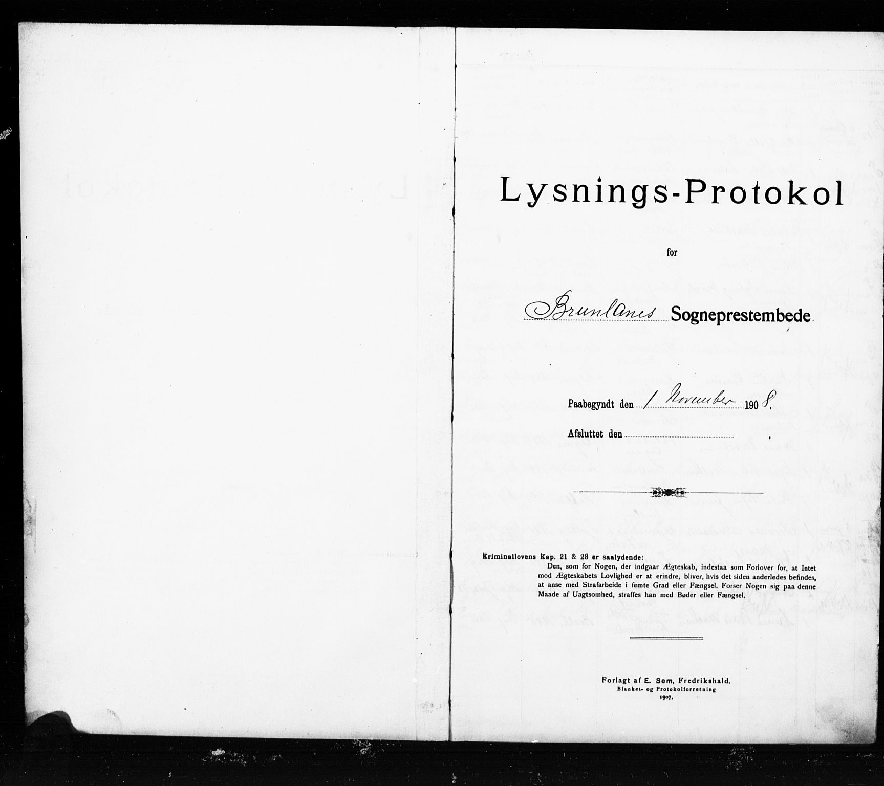 Brunlanes kirkebøker, SAKO/A-342/H/Ha/L0002: Lysningsprotokoll nr. 2, 1908-1918