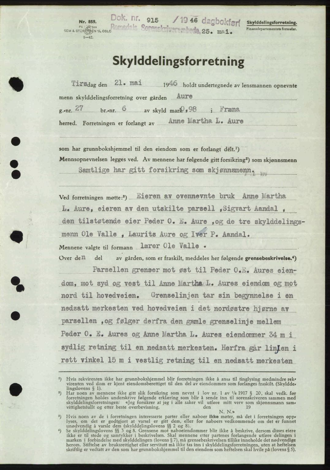 Romsdal sorenskriveri, SAT/A-4149/1/2/2C: Pantebok nr. A19, 1946-1946, Dagboknr: 915/1946