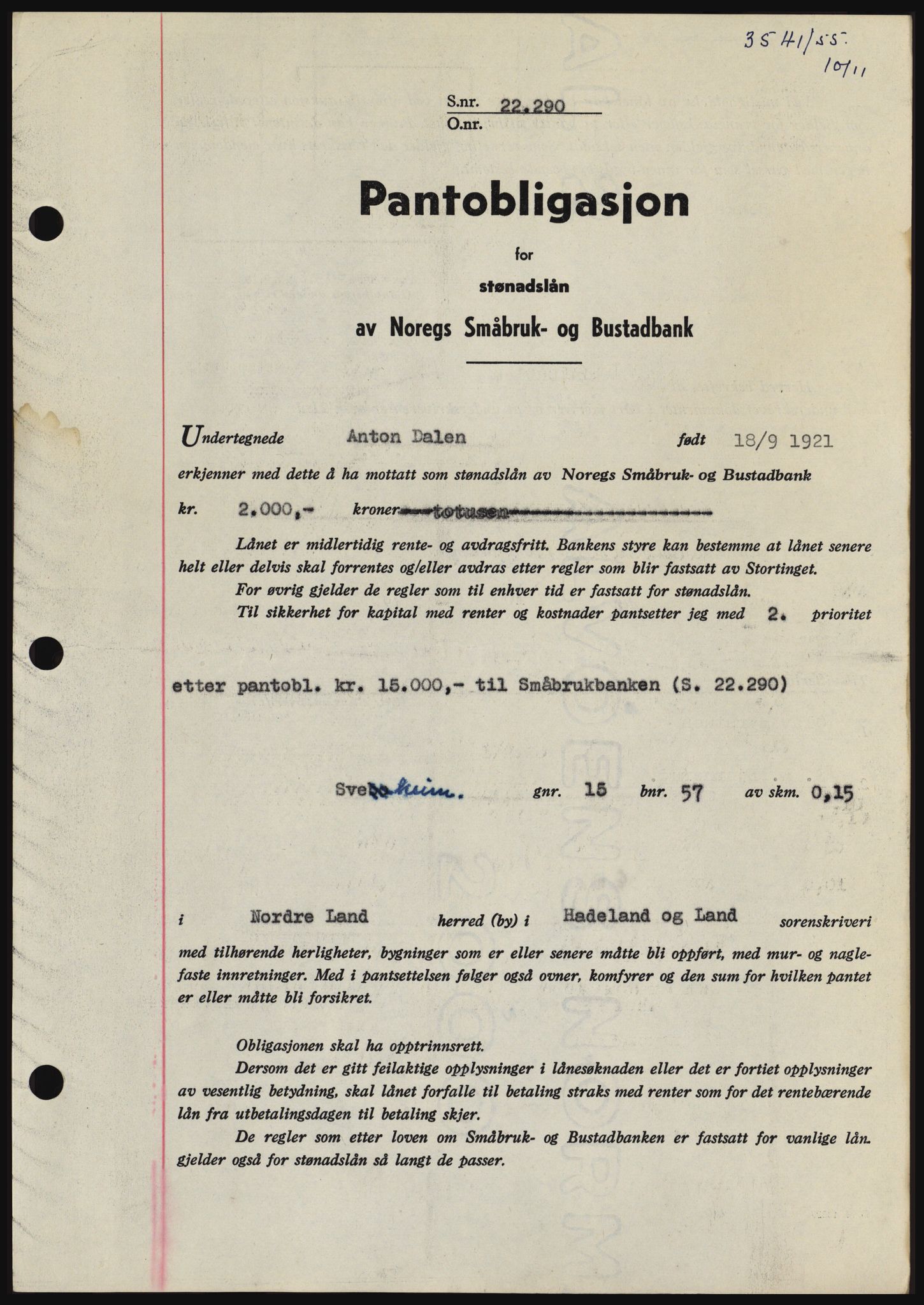 Hadeland og Land tingrett, SAH/TING-010/H/Hb/Hbc/L0033: Pantebok nr. B33, 1955-1956, Dagboknr: 3541/1955