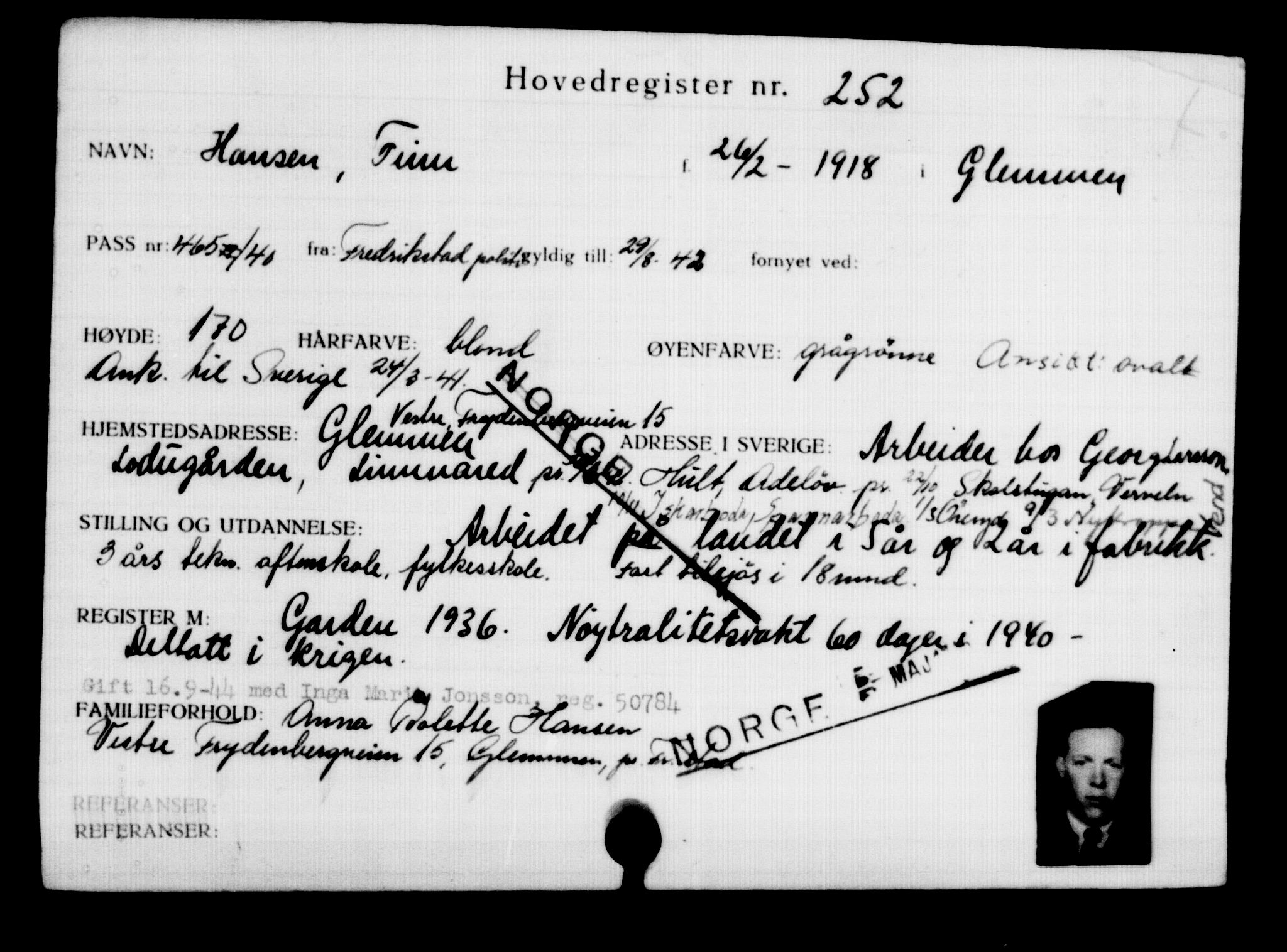 Utenriksstasjonene, Legasjonen i Stockholm, Flyktningkontoret, AV/RA-S-6753/V/Va/L0001: Kjesäterkartoteket, flyktninger med registreringsnr. 1-1000, 1940-1945, s. 402