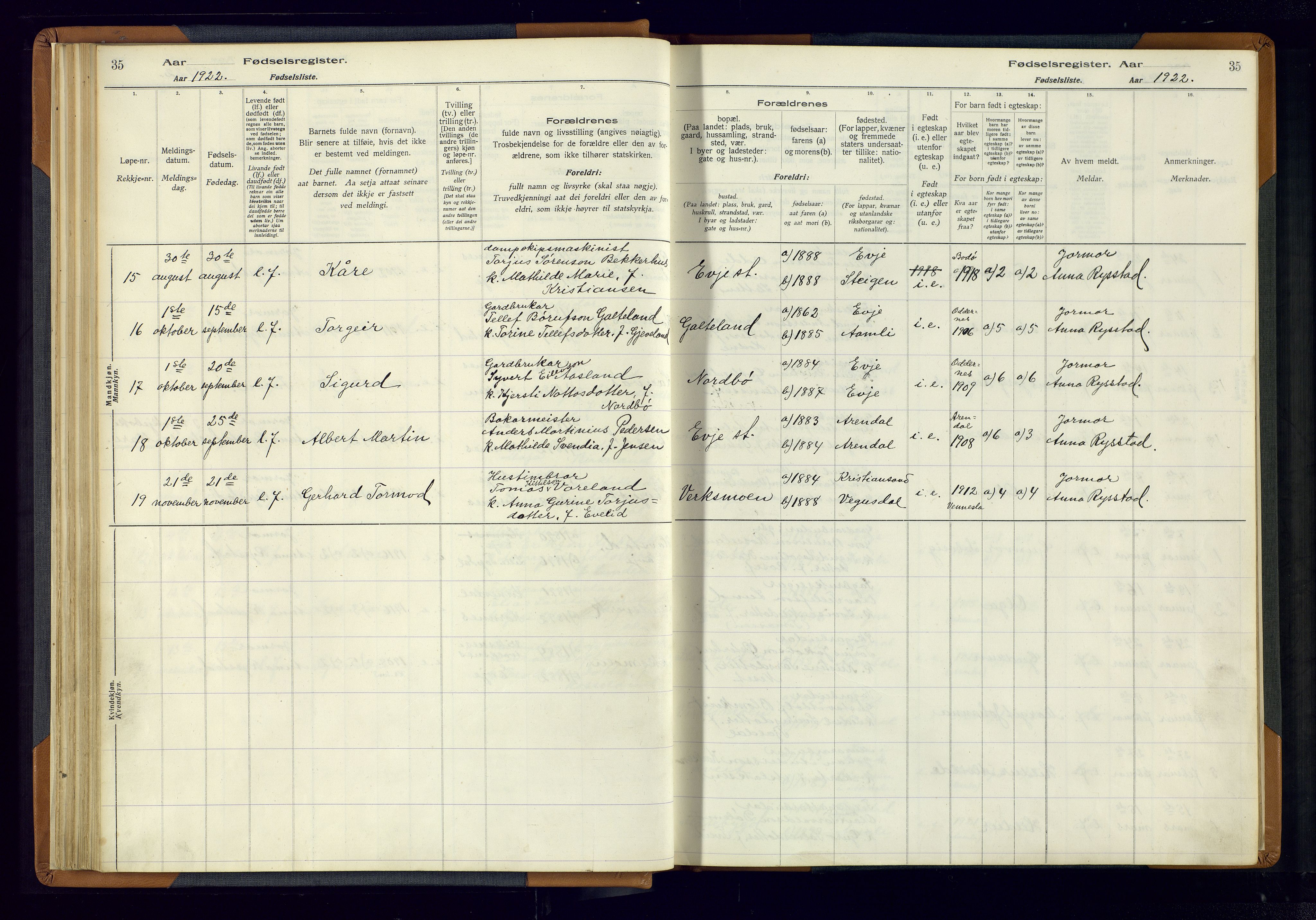 Evje sokneprestkontor, AV/SAK-1111-0008/J/Jc/L0004: Fødselsregister nr. 4, 1916-1968, s. 35