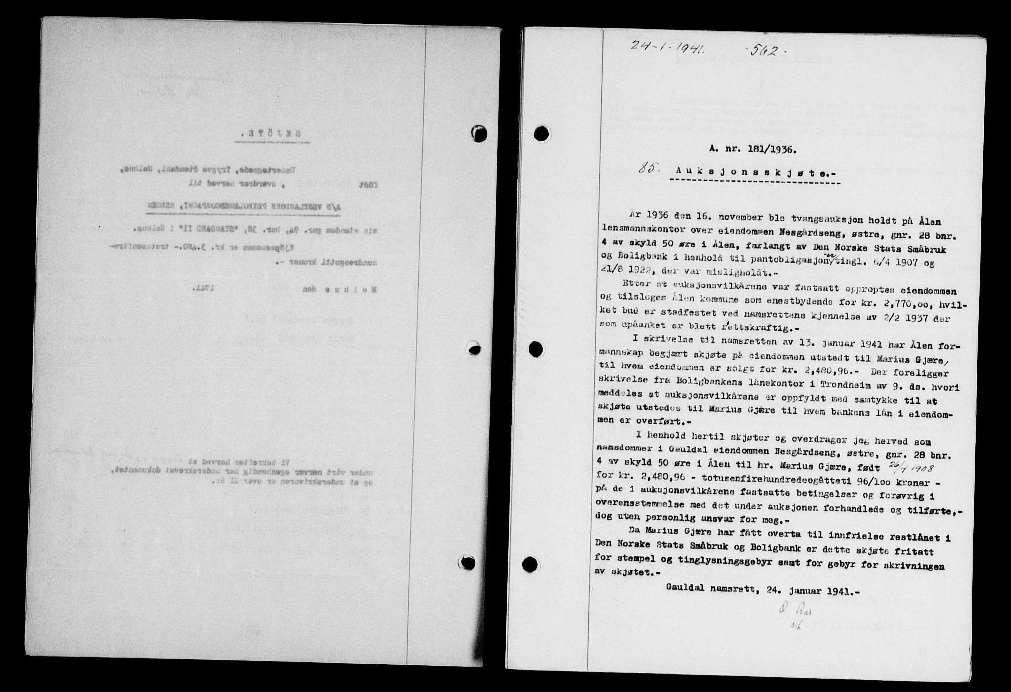 Gauldal sorenskriveri, SAT/A-0014/1/2/2C/L0052: Pantebok nr. 57, 1940-1941, Dagboknr: 85/1941