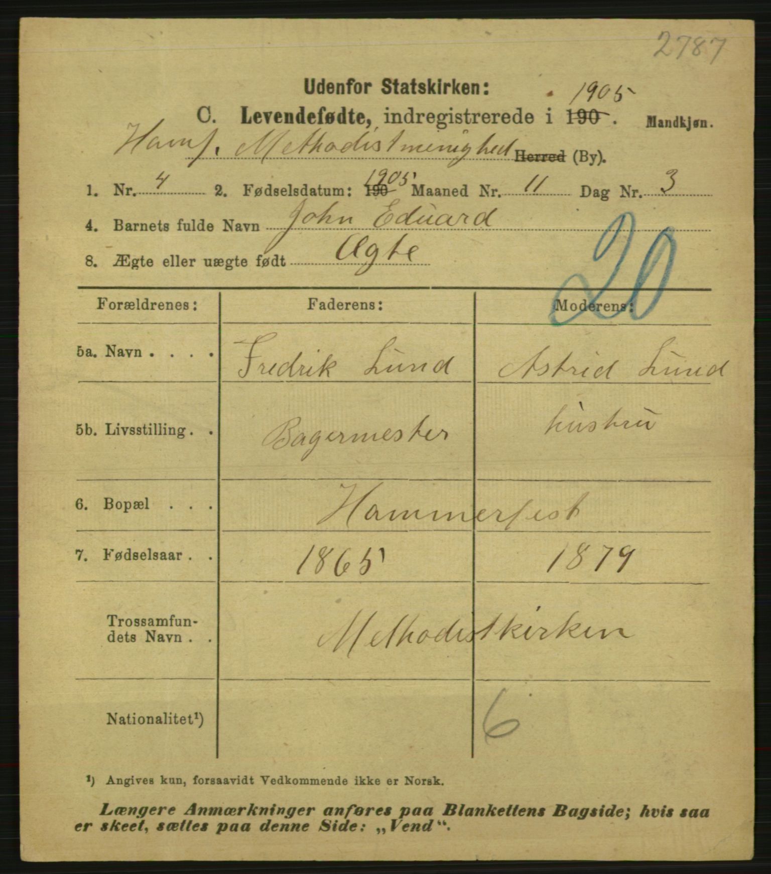 Statistisk sentralbyrå, Sosiodemografiske emner, Befolkning, AV/RA-S-2228/E/L0003: Fødte, gifte, døde dissentere., 1905, s. 1665