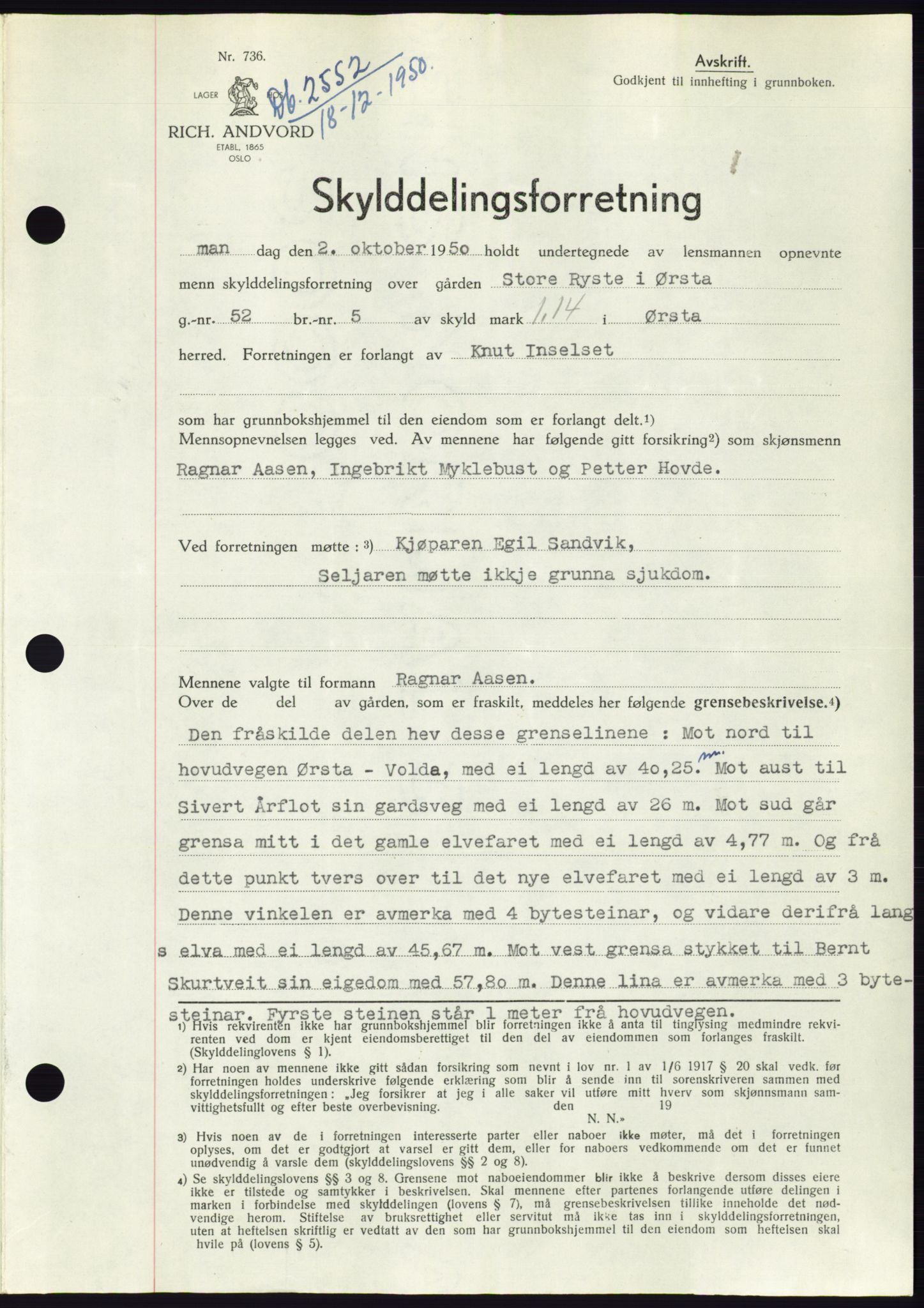 Søre Sunnmøre sorenskriveri, SAT/A-4122/1/2/2C/L0088: Pantebok nr. 14A, 1950-1951, Dagboknr: 2552/1950