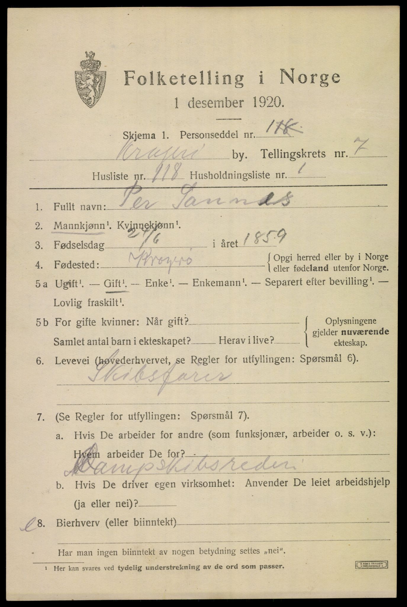 SAKO, Folketelling 1920 for 0801 Kragerø kjøpstad, 1920, s. 11041
