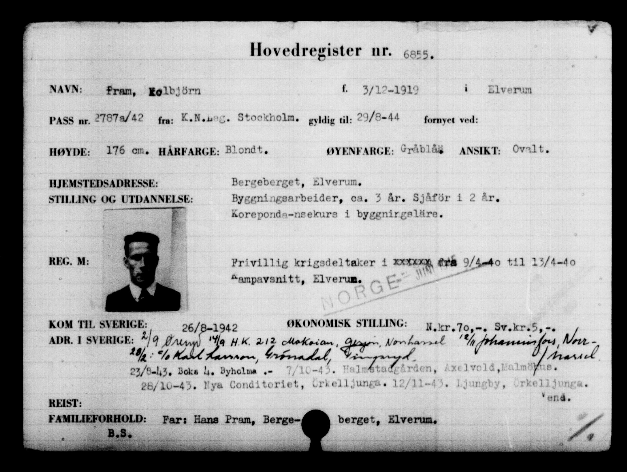 Utenriksstasjonene, Legasjonen i Stockholm, Flyktningkontoret, AV/RA-S-6753/V/Va/L0005: Kjesäterkartoteket, flyktning nr. 6600-9417, 1940-1945, s. 307