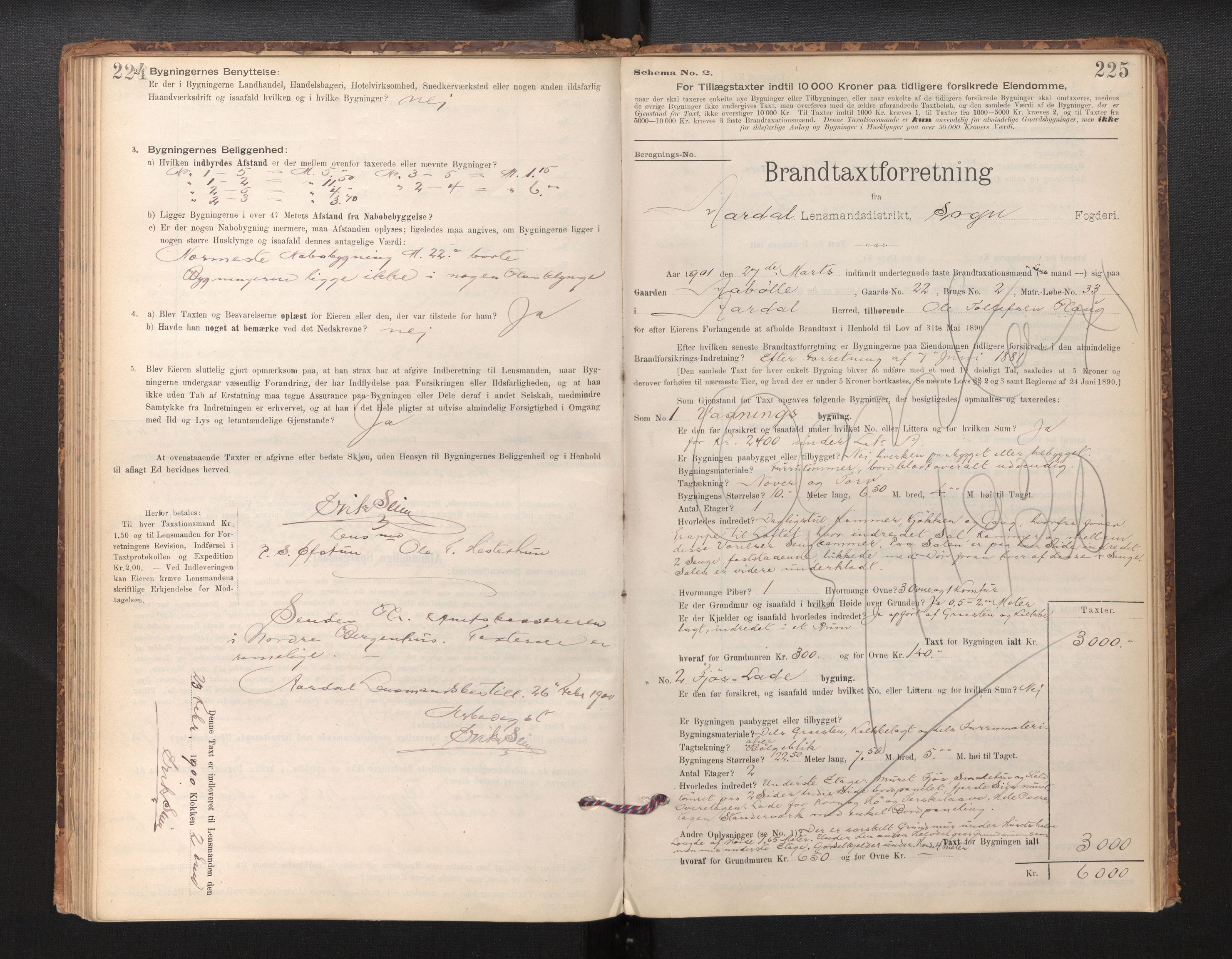Lensmannen i Årdal, SAB/A-30501/0012/L0008: Branntakstprotokoll, skjematakst, 1895-1915, s. 224-225