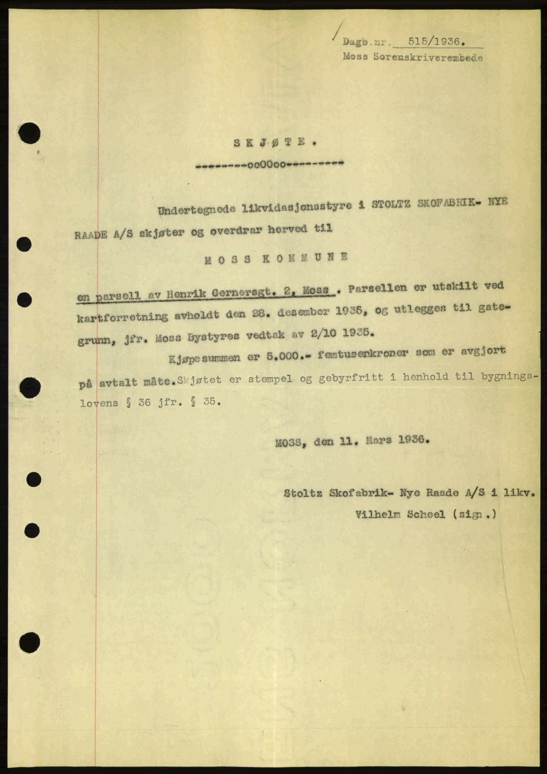 Moss sorenskriveri, SAO/A-10168: Pantebok nr. A1, 1936-1936, Dagboknr: 515/1936