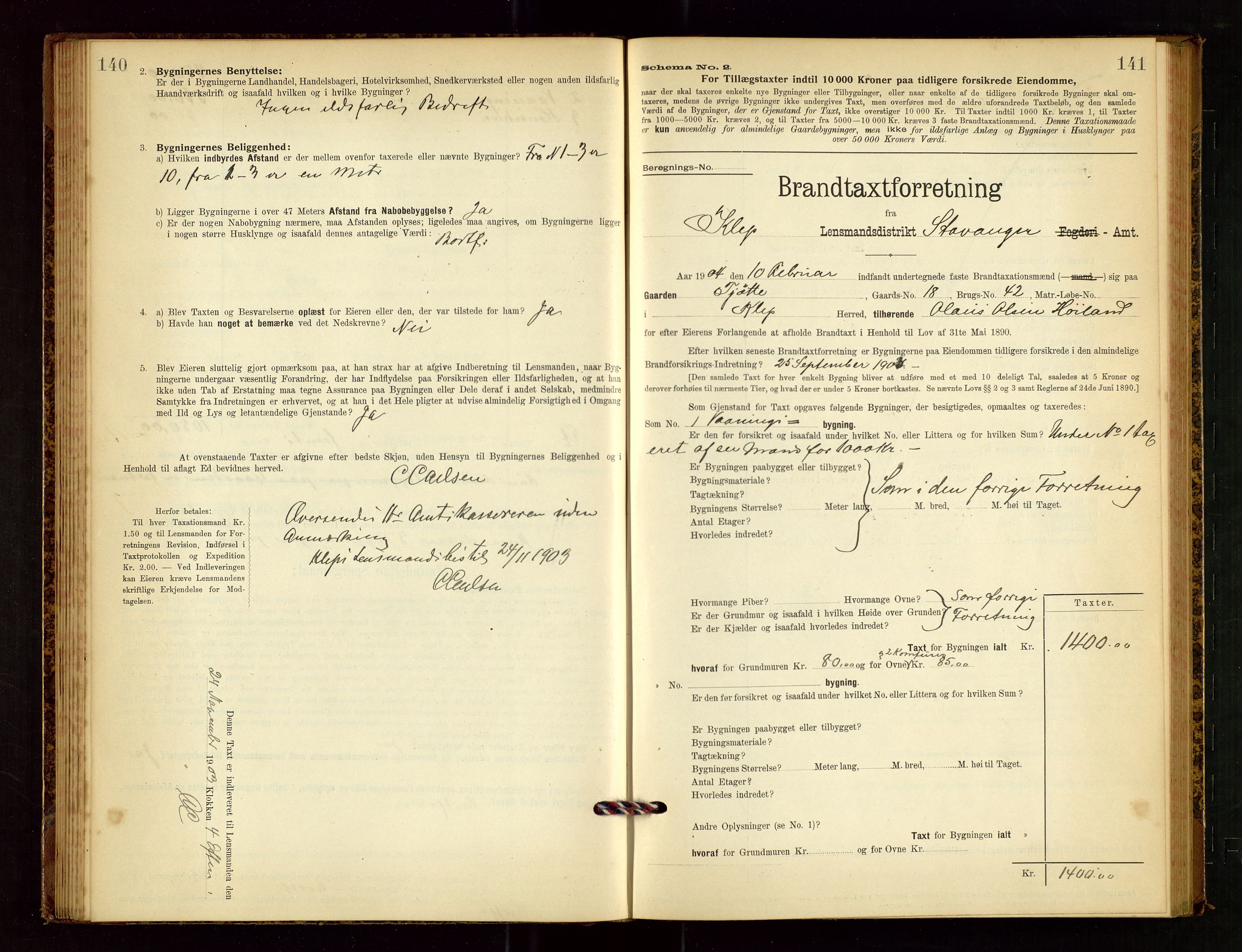 Klepp lensmannskontor, AV/SAST-A-100163/Goc/L0003: "Brandtaxationsprotokol" m/register, 1902-1907, s. 140-141