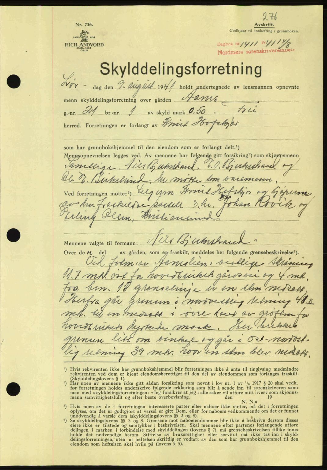 Nordmøre sorenskriveri, SAT/A-4132/1/2/2Ca: Pantebok nr. A90, 1941-1941, Dagboknr: 1411/1941