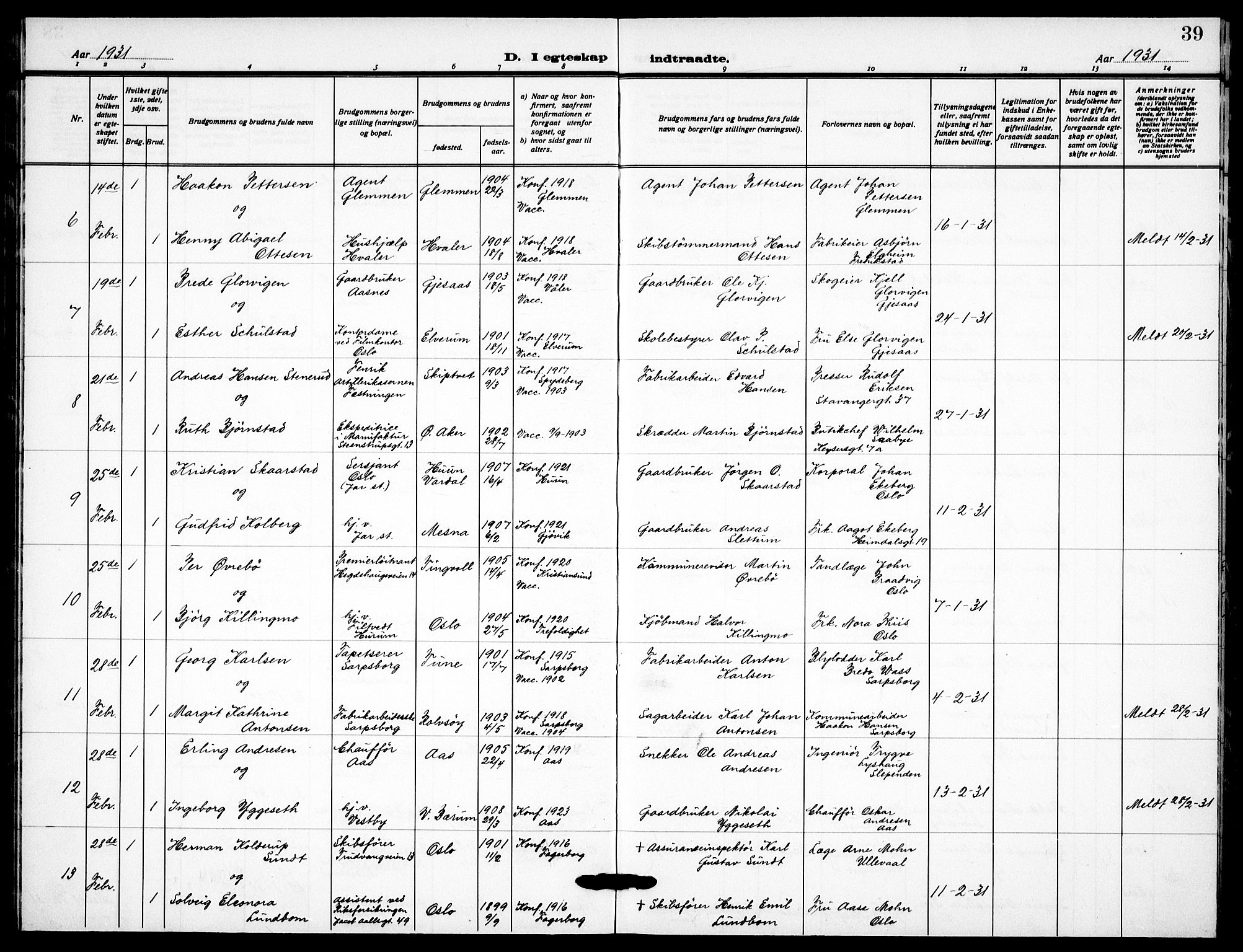Garnisonsmenigheten Kirkebøker, AV/SAO-A-10846/F/Fa/L0019: Ministerialbok nr. 19, 1928-1938, s. 39