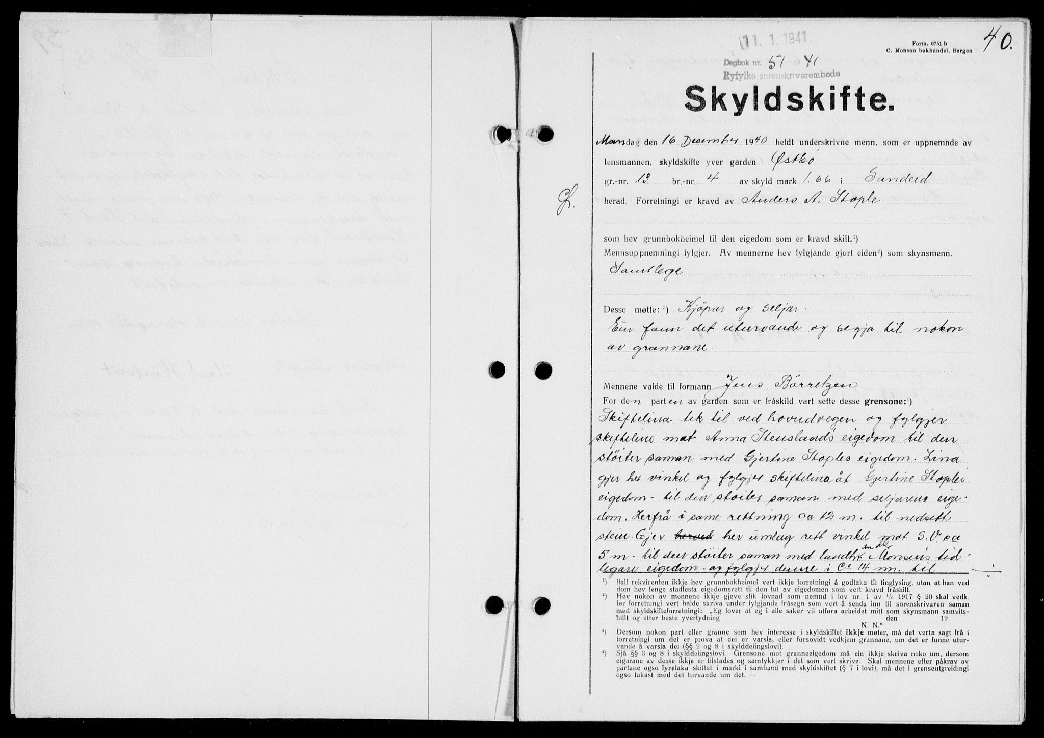 Ryfylke tingrett, SAST/A-100055/001/II/IIB/L0083: Pantebok nr. 62, 1941-1941, Dagboknr: 51/1941
