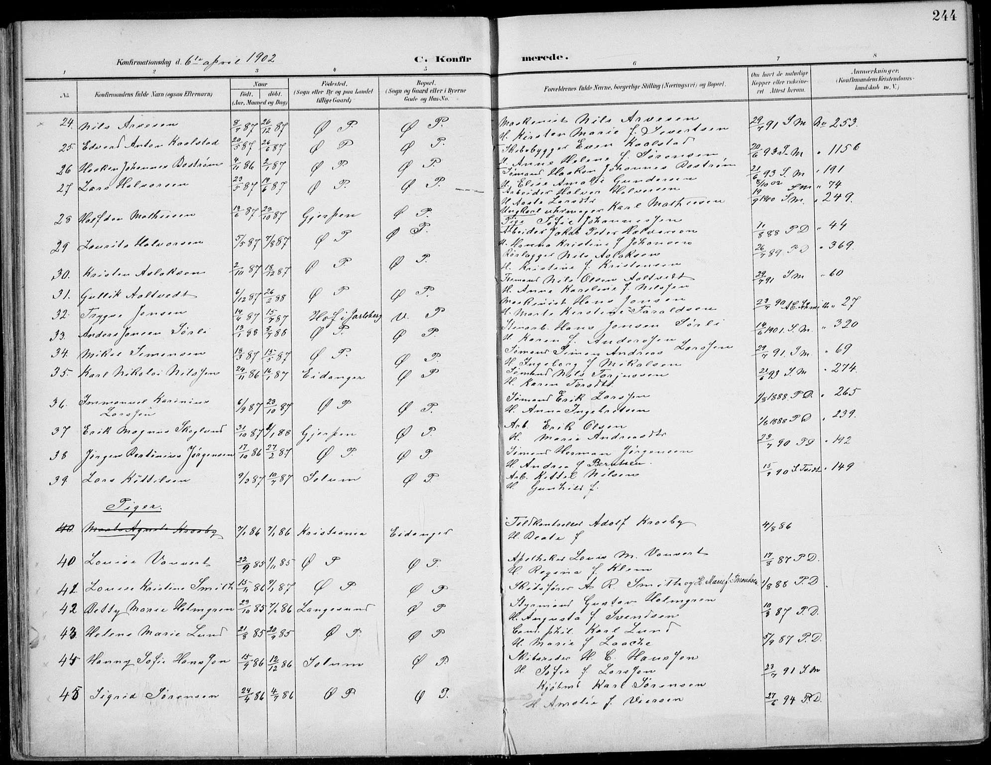 Porsgrunn kirkebøker , AV/SAKO-A-104/F/Fa/L0011: Ministerialbok nr. 11, 1895-1919, s. 244