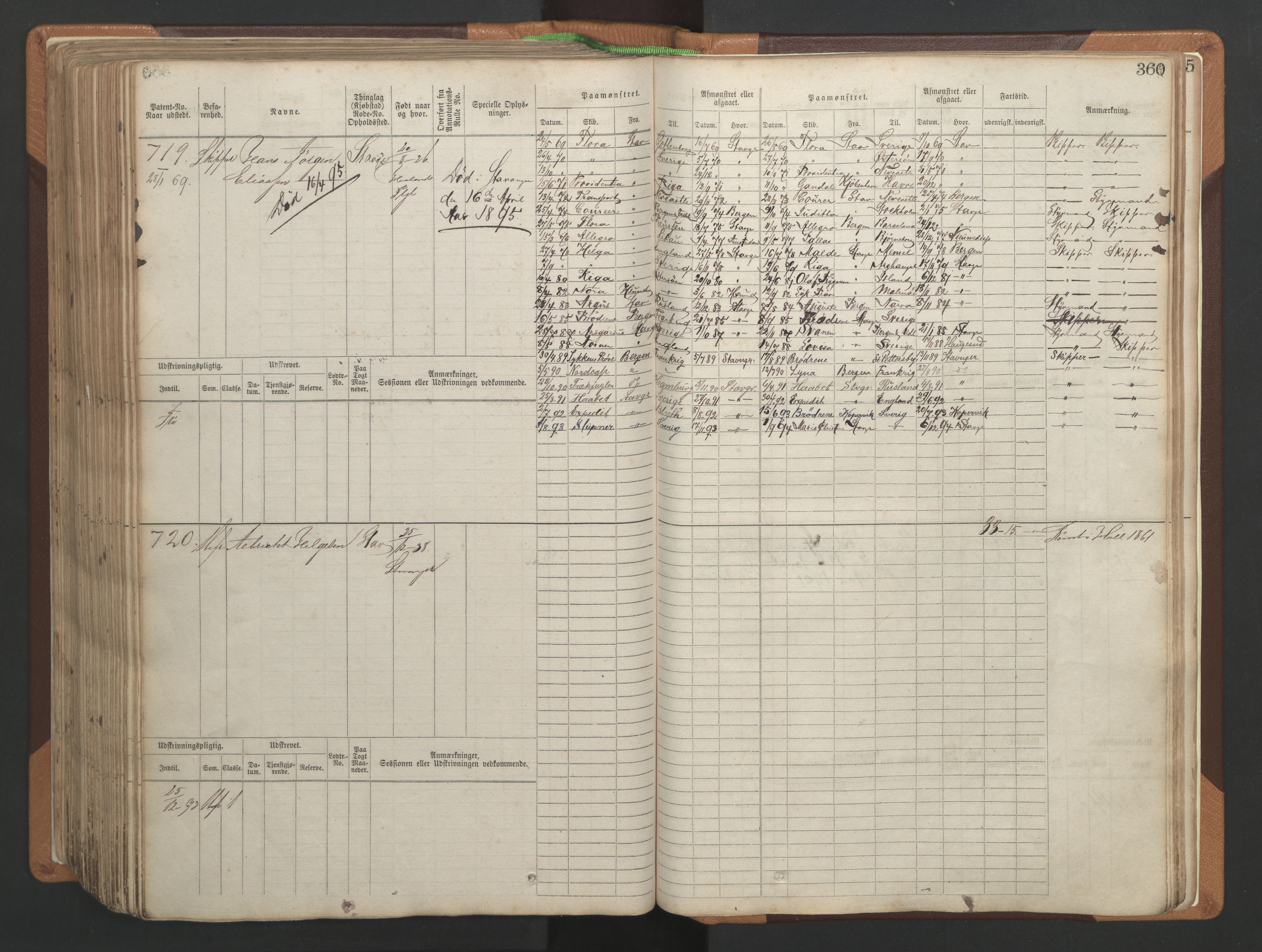 Stavanger sjømannskontor, AV/SAST-A-102006/F/Fb/Fbb/L0004: Sjøfartshovedrulle, patentnr. 1-792 (del 1), 1869-1880, s. 366