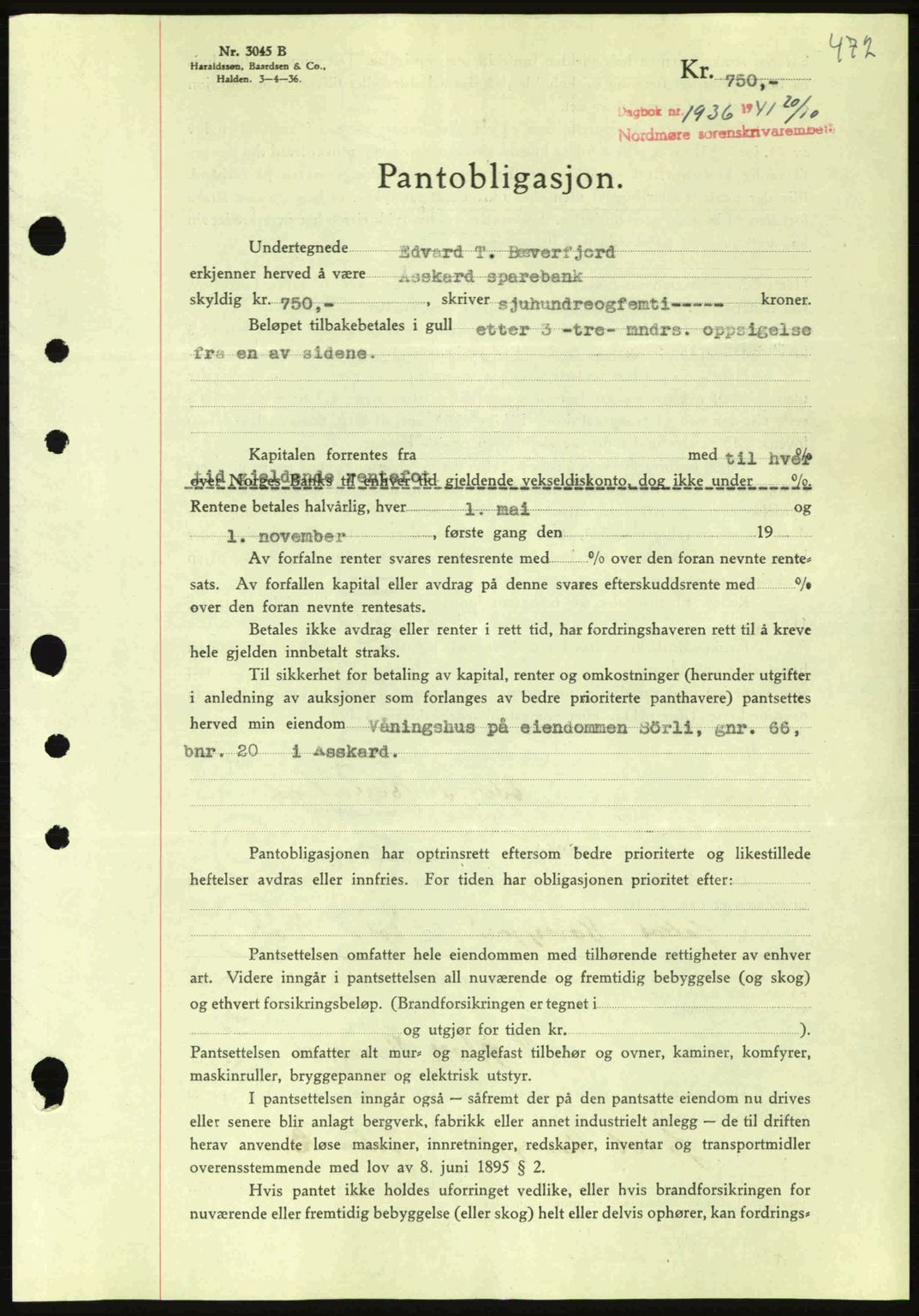 Nordmøre sorenskriveri, SAT/A-4132/1/2/2Ca: Pantebok nr. B88, 1941-1942, Dagboknr: 1936/1941