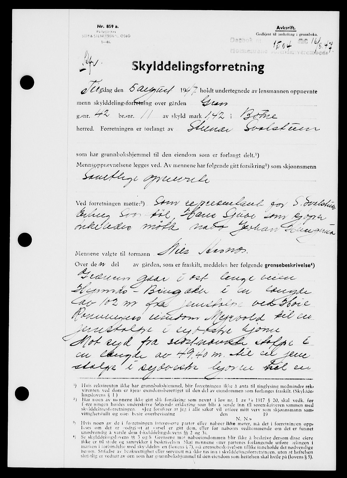 Holmestrand sorenskriveri, SAKO/A-67/G/Ga/Gaa/L0062: Pantebok nr. A-62, 1947-1947, Dagboknr: 1504/1947