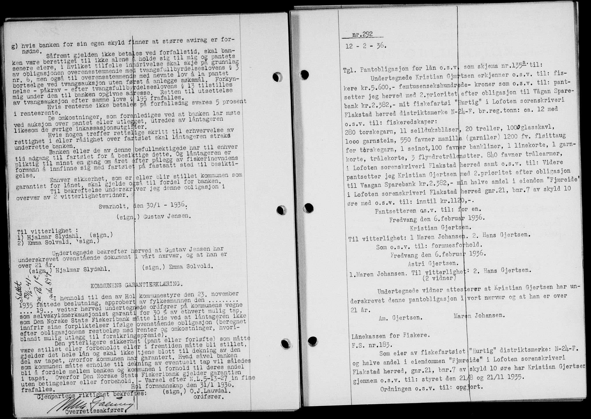 Lofoten sorenskriveri, SAT/A-0017/1/2/2C/L0033b: Pantebok nr. 33b, 1936-1936, Dagboknr: 291/1936