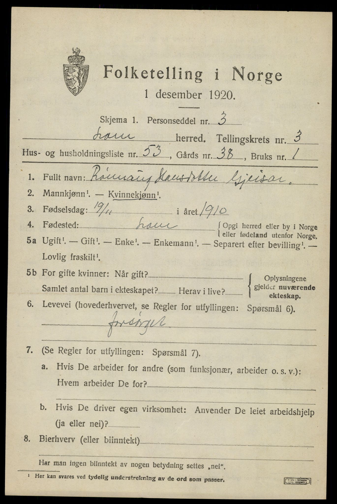 SAH, Folketelling 1920 for 0514 Lom herred, 1920, s. 2560